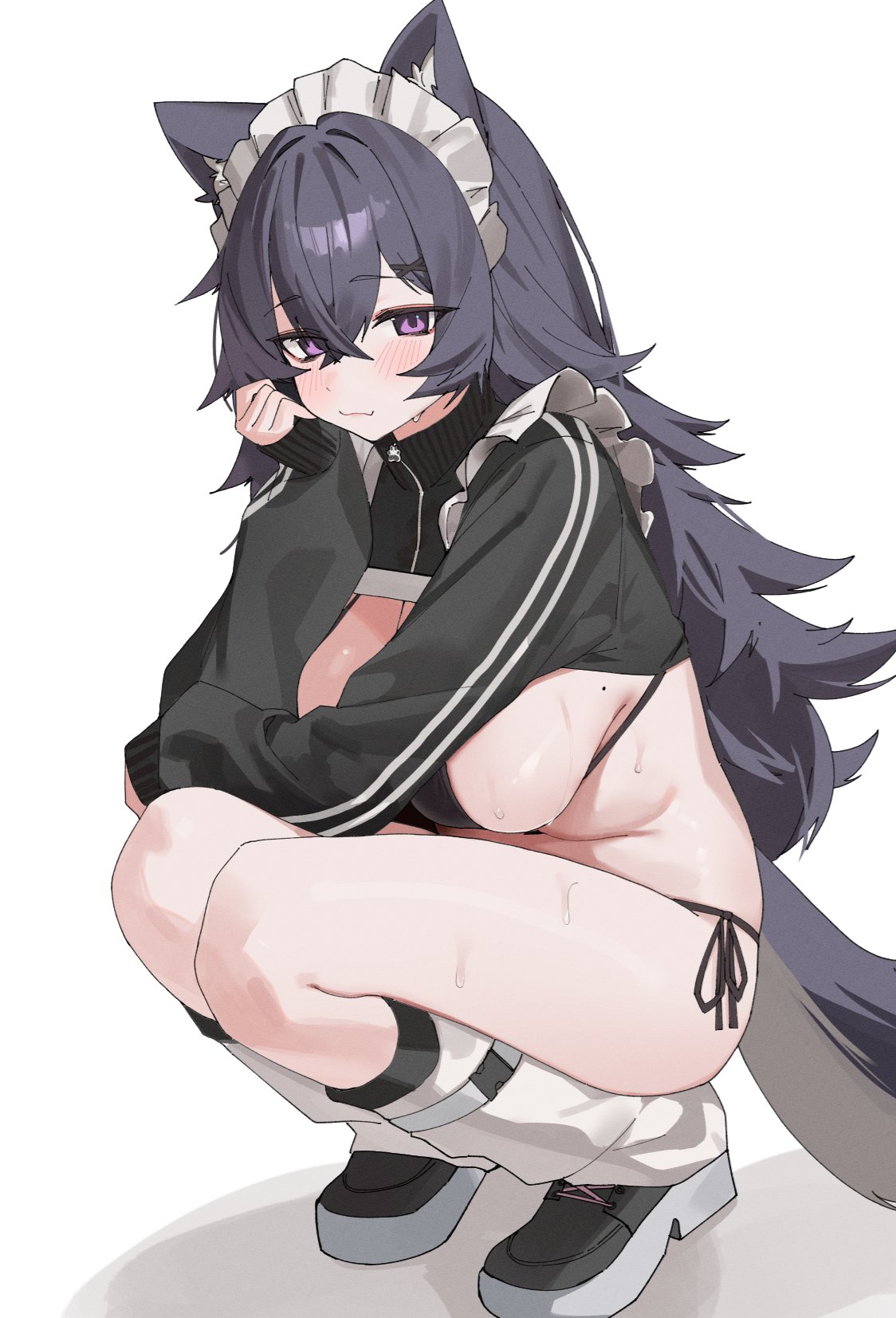 fenrir (fenriluuu), original, commentary, highres, symbol-only commentary, 1girl, animal ears, bikini, black bikini, black hair, black jacket, black shoes, blush, breasts, closed mouth, fang, jacket, large breasts, long hair, looking at viewer, maid headdress, mole, mole on breast, purple eyes, shoes, side-tie bikini bottom, skin fang, smile, solo, squatting, sweat, swimsuit, tail, white background, wolf ears, wolf girl, wolf tail, zipper