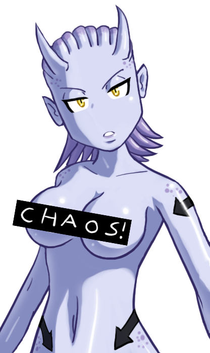daemonette, slaanesh, warhammer 40k, tagme, 1girl, bar censor, breasts, censored, censored nipples, cleavage, colored skin, completely nude, female focus, head tilt, horns, looking at viewer, medium breasts, medium hair, navel, nude, purple hair, purple skin, simple background, solo, tattoo, upper body, white background, yellow eyes