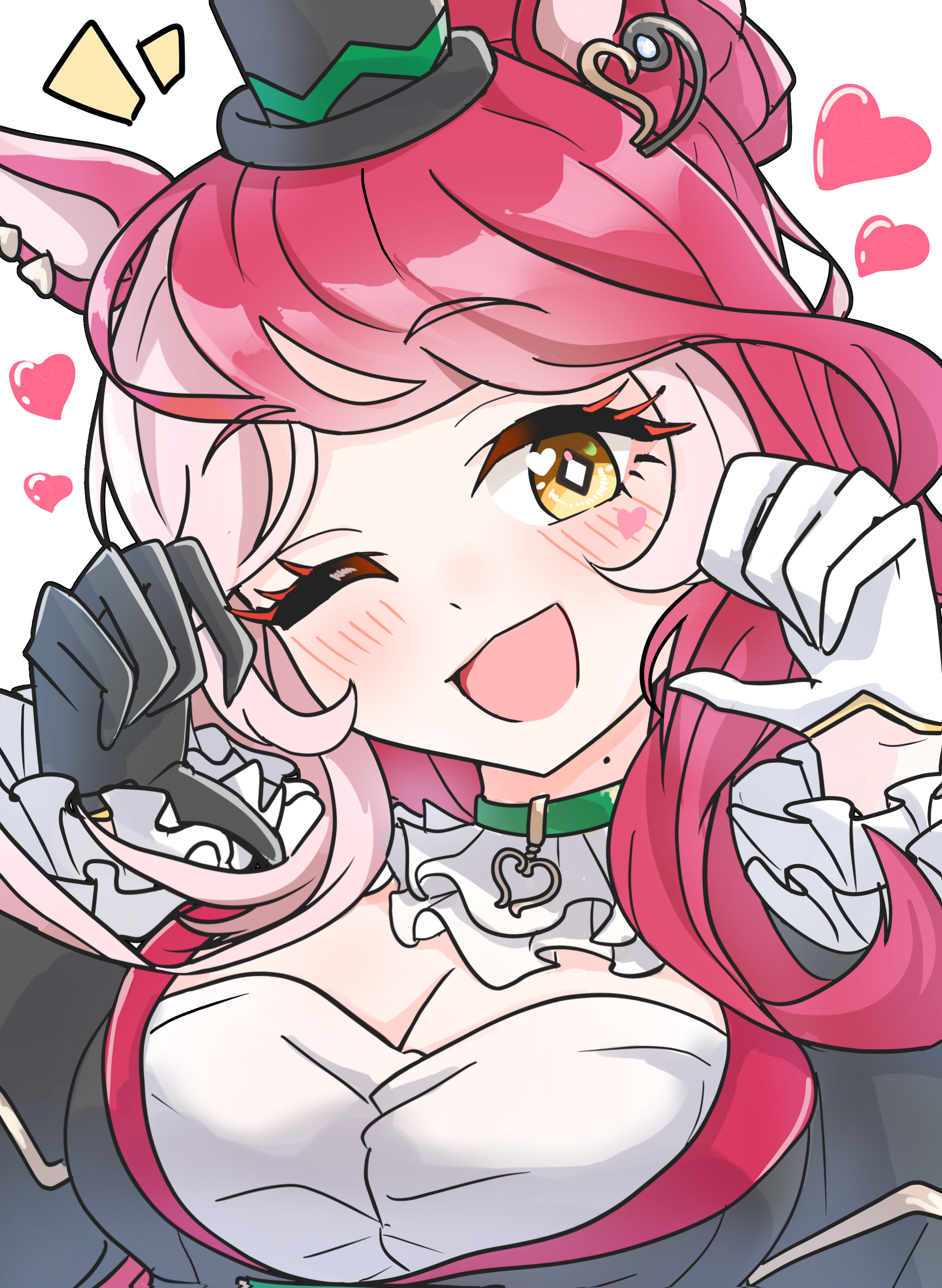 arnolddayo, loves only you (9927 wishes) (umamusume), loves only you (umamusume), umamusume, absurdres, commentary request, highres, 1girl, animal ears, breasts, cleavage, collarbone, gloves, hair between eyes, hair ornament, heart, horse girl, long hair, mole, mole on neck, portrait, red hair, solo, white background, yellow background