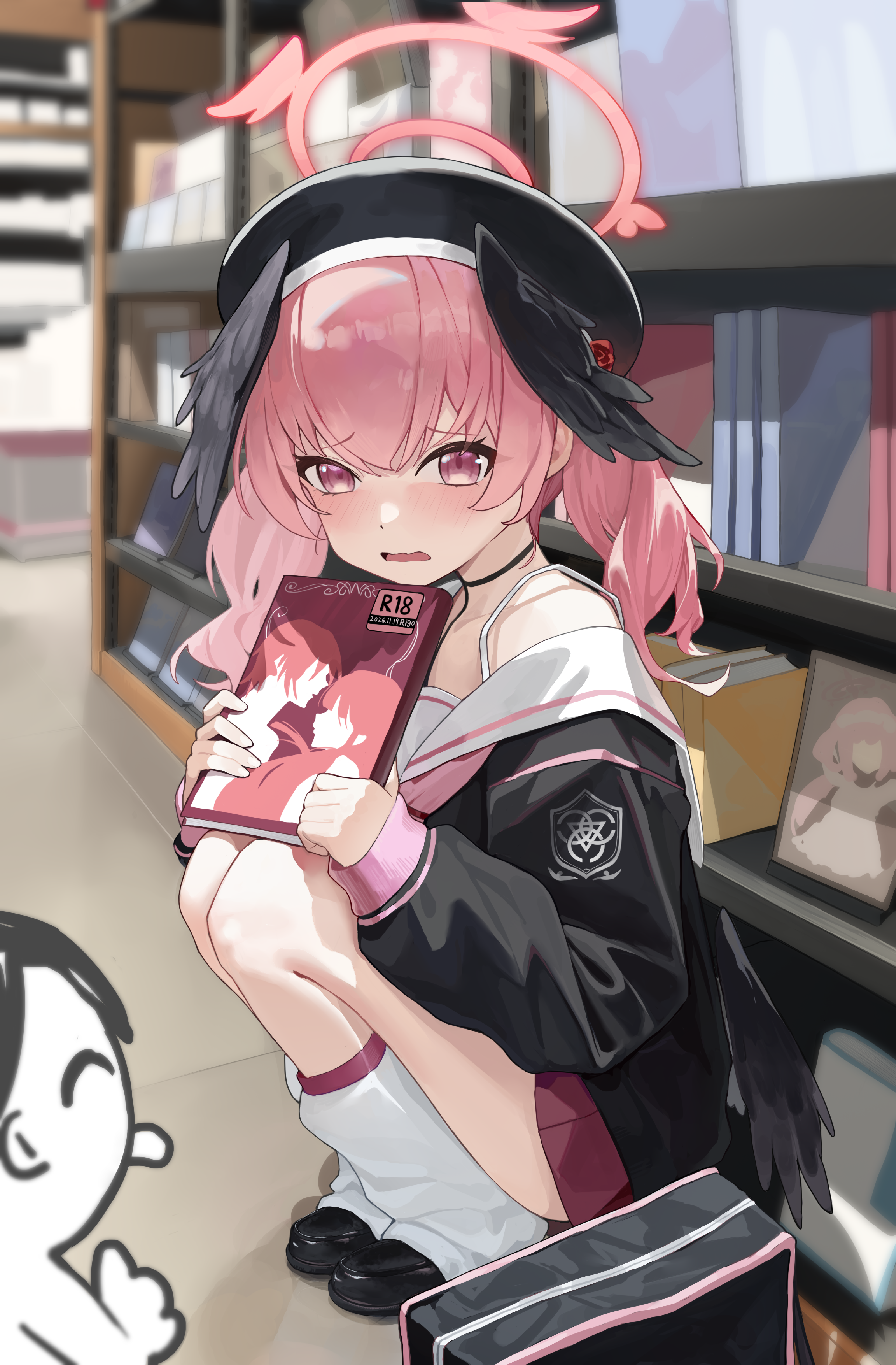 liago, doodle sensei (blue archive), koharu (blue archive), sensei (blue archive), blue archive, absurdres, commentary, highres, 1boy, 1girl, beret, black bag, black hat, black shirt, black shoes, blurry, blurry background, blush, body markings, book, bookshelf, bra strap, depth of field, feathered wings, hair between eyes, halo, hat, head wings, holding, holding book, leg warmers, legs together, long sleeves, looking at viewer, low wings, medium hair, miniskirt, multiple wings, open mouth, pink eyes, pink hair, pink halo, pink skirt, pornography, puffy long sleeves, puffy sleeves, sailor collar, sailor shirt, school uniform, serafuku, shirt, shoes, skirt, sleeves past wrists, solo focus, squatting, twintails, wavy mouth, white leg warmers, white sailor collar, winged halo, wings