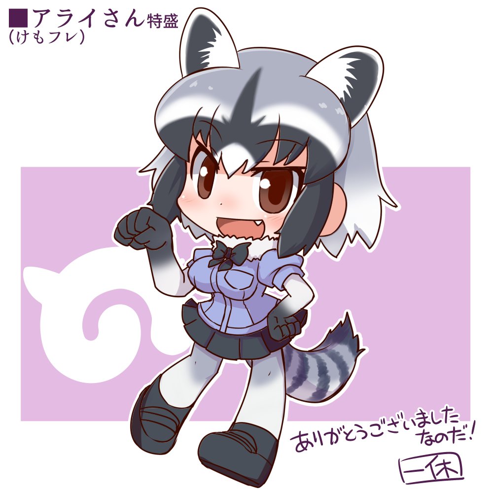 ikkyuu, common raccoon (kemono friends), kemono friends, commentary request, 1girl, animal ears, bow, bowtie, brown eyes, elbow gloves, extra ears, full body, gloves, grey hair, japari symbol, looking at viewer, pantyhose, purple background, raccoon ears, raccoon girl, raccoon tail, shirt, shoes, short hair, simple background, skirt, solo, tail