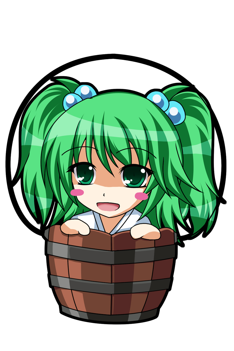 onsen tamago (nurumayu onsen), kisume, touhou, bad id, bad pixiv id, highres, 1girl, bucket, chibi, female focus, green eyes, green hair, in bucket, in container, simple background, solo, white background