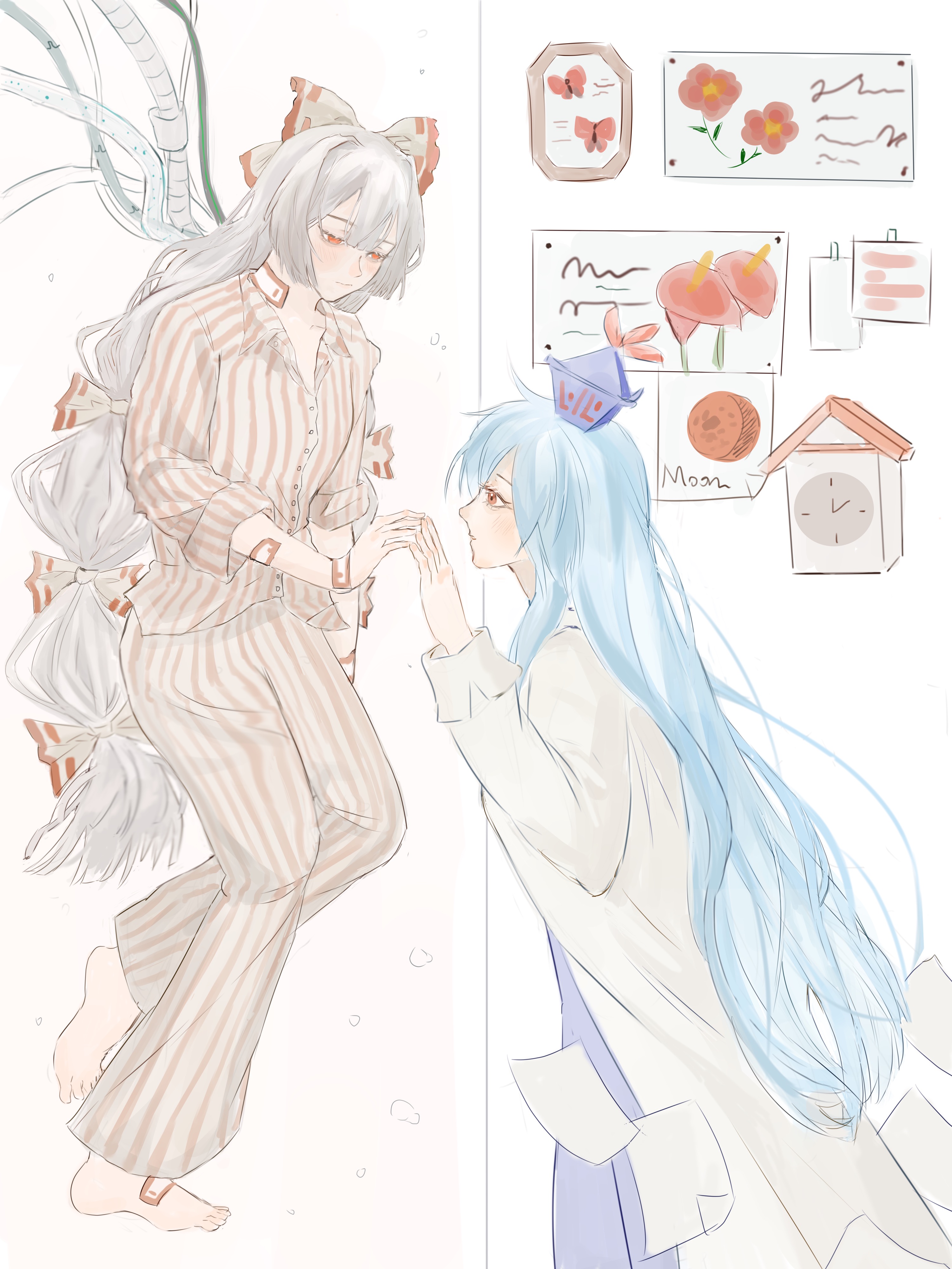 fujiwara no mokou, kamishirasawa keine, touhou, absurdres, chinese commentary, commentary request, highres, 2girls, air bubble, alternate costume, barefoot, blue dress, blue hair, blue hat, bow, bubble, bug, butterfly, clock, closed mouth, collar, collarbone, collared shirt, cuckoo clock, detached collar, dress, expressionless, feet out of frame, flower, frilled bow, frills, from side, full body, grey hair, hair bow, half-closed eyes, hat, insect, lab coat, lapels, light blush, long hair, long sleeves, miaoliang01075, mini hat, multi-tied hair, multiple girls, multiple hair bows, ofuda on arm, pants, paper, parted lips, picture frame, pleated dress, pointy nose, red eyes, red pants, red shirt, ribbon-trimmed bow, ribbon trim, sad, shirt, sleeve cuffs, sticky note, striped clothes, striped pants, striped shirt, submerged, toes, tube, two-tone pants, two-tone shirt, vertical-striped clothes, vertical-striped pants, vertical-striped shirt, very long hair, white background, white bow, white collar, white pants, white shirt, wire, yuri