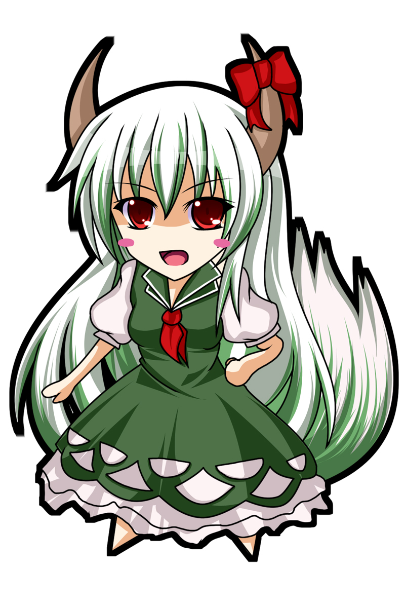 onsen tamago (nurumayu onsen), ex-keine, kamishirasawa keine, touhou, bad id, bad pixiv id, highres, 1girl, chibi, female focus, full body, green hair, horns, long hair, red eyes, ribbon, simple background, solo, standing, very long hair, white background