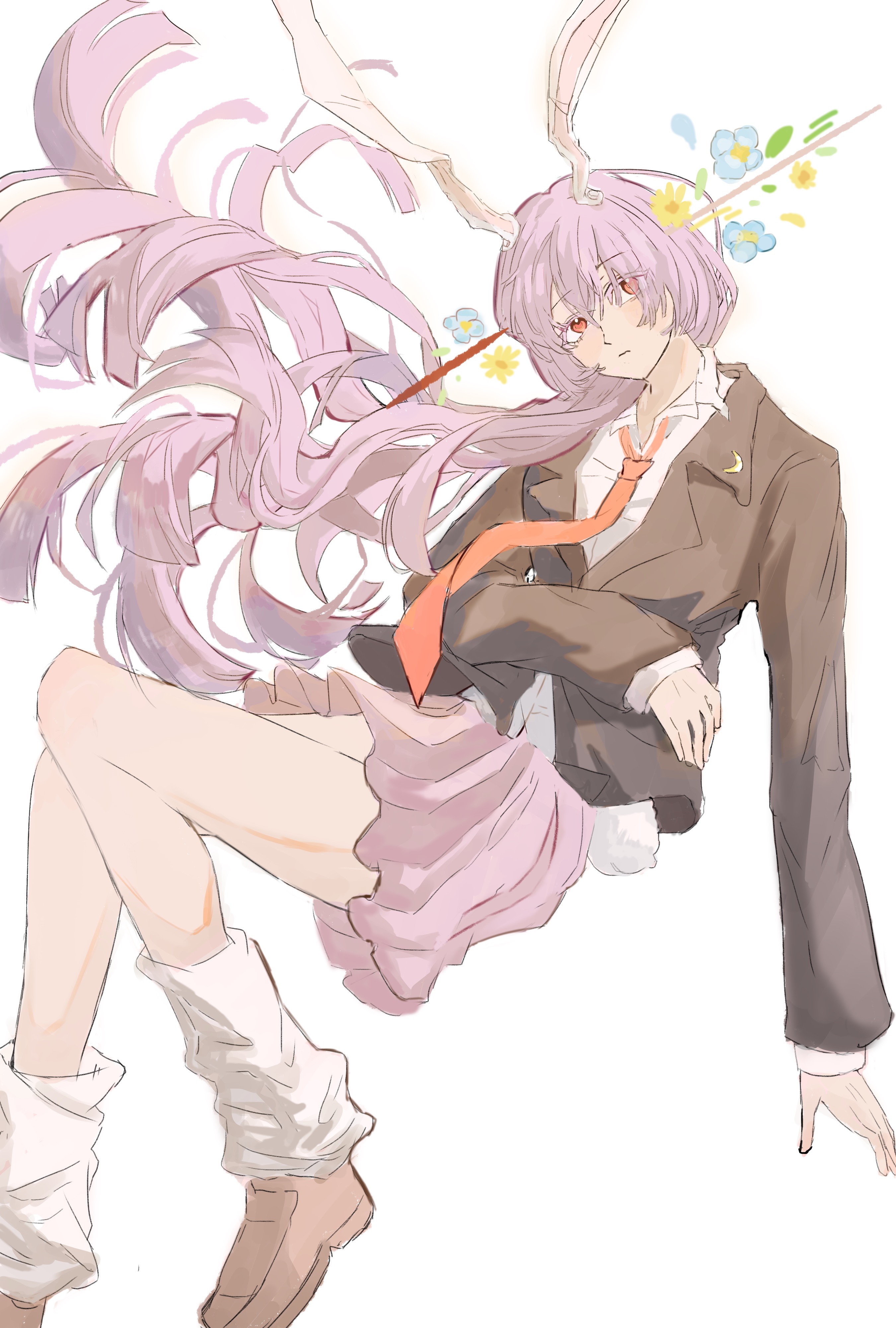 reisen udongein inaba, touhou, absurdres, commentary request, highres, 1girl, alternate body fluid, animal ears, ankle socks, black jacket, blazer, blue flower, brown shoes, closed mouth, collared jacket, collared shirt, colored eyelashes, colored skin, crescent, crescent pin, eyes visible through hair, flower, full body, hand on own hip, headshot, jacket, lapel pin, lapels, layered sleeves, leaf, light frown, loafers, long hair, long sleeves, loose socks, miaoliang01075, miniskirt, necktie, notched lapels, open clothes, open jacket, petals, pink skin, pleated skirt, purple hair, rabbit ears, rabbit girl, rabbit tail, red eyes, red necktie, shirt, shoes, simple background, sitting, skirt, socks, solo, tail, very long hair, wavy hair, white background, white shirt, white socks, yellow flower