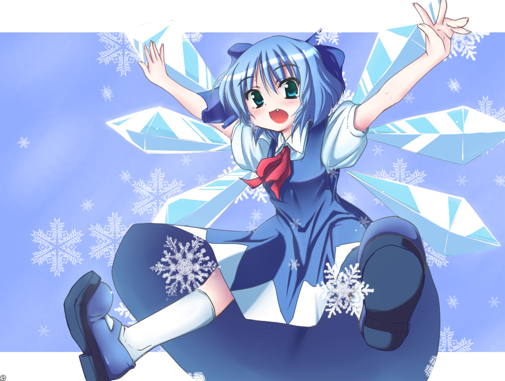 pilky, cirno, embodiment of scarlet devil, touhou, bad id, bad pixiv id, 1girl, blue background, blue eyes, blue hair, blue shoes, blue theme, bow, dress, fang, female focus, hair bow, ice, mary janes, matching hair/eyes, outstretched arms, ribbon, shoes, short hair, smile, snowflakes, socks, solo, spread arms, white socks, wings