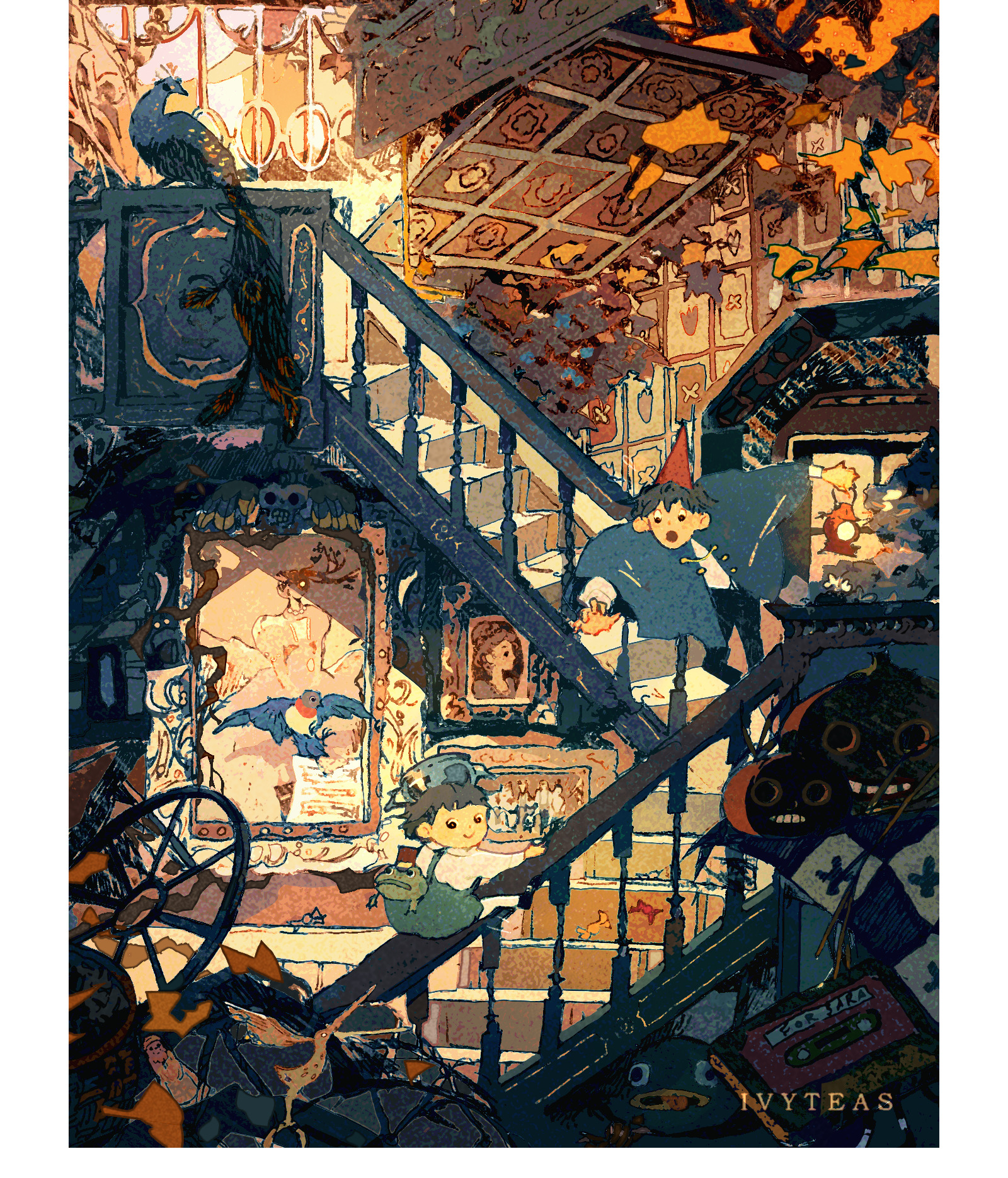 beatrice (over the garden wall), gregory (over the garden wall), wirt (over the garden wall), over the garden wall, commentary, english commentary, highres, 2boys, brown cloak, cloak, hat, indoors, ivytea, looking at another, multiple boys, shirt, stairs, suspenders, white shirt