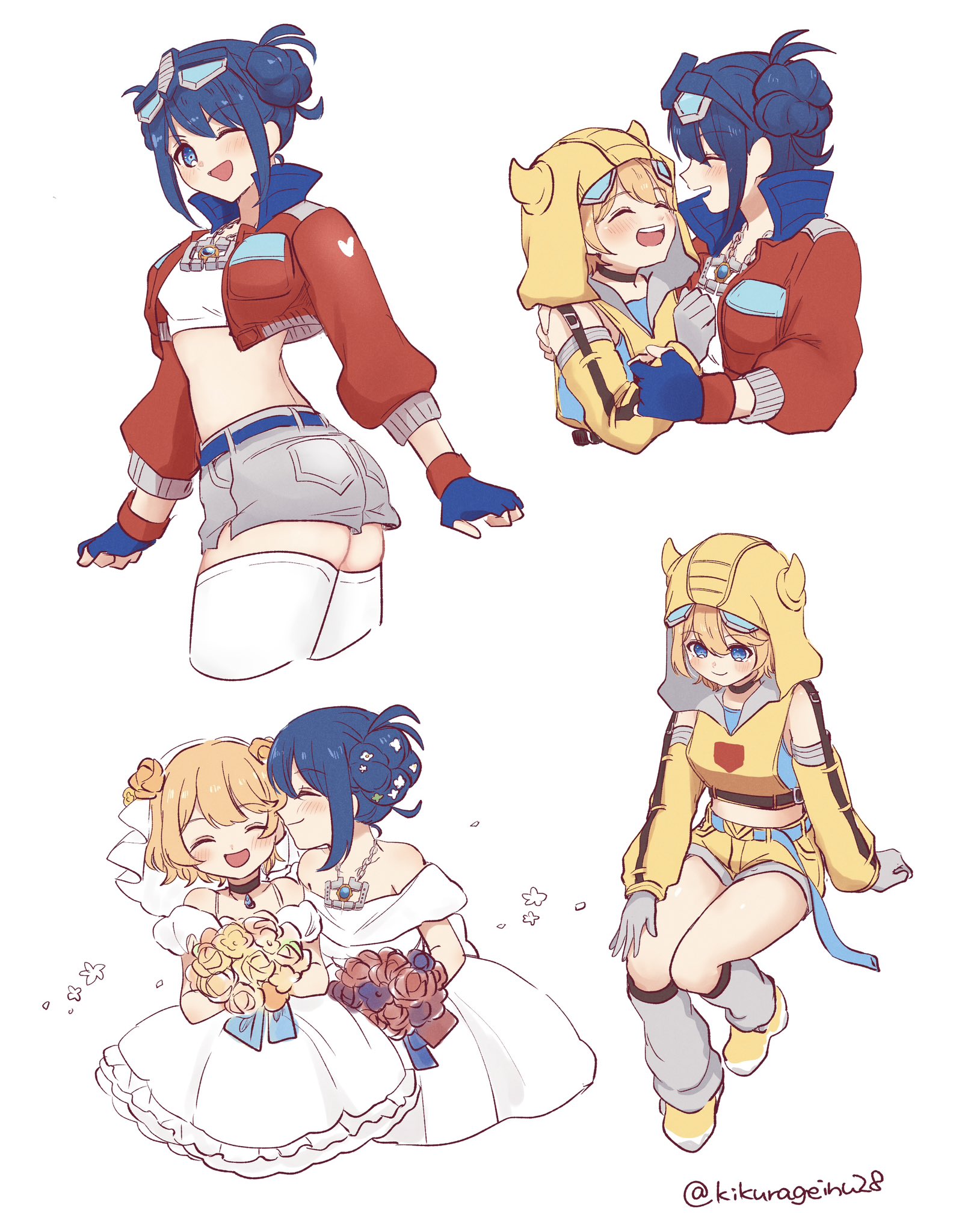 suo (kikurageinu28), bumblebee (kotobukiya bishoujo) (transformers), bumblebee (transformers), optimus prime, optimus prime (kotobukiya bishoujo), kotobukiya bishoujo, transformers, transformers: generation 1, commentary, commentary request, highres, symbol-only commentary, 2girls, autobot, blonde hair, blue eyes, blue hair, blush, breasts, closed eyes, crop top, double bun, eyewear on head, fingerless gloves, glasses, gloves, hair behind ear, hair bun, hug, jacket, jewelry, multiple girls, necklace, red jacket, shirt, short hair, smile, yuri
