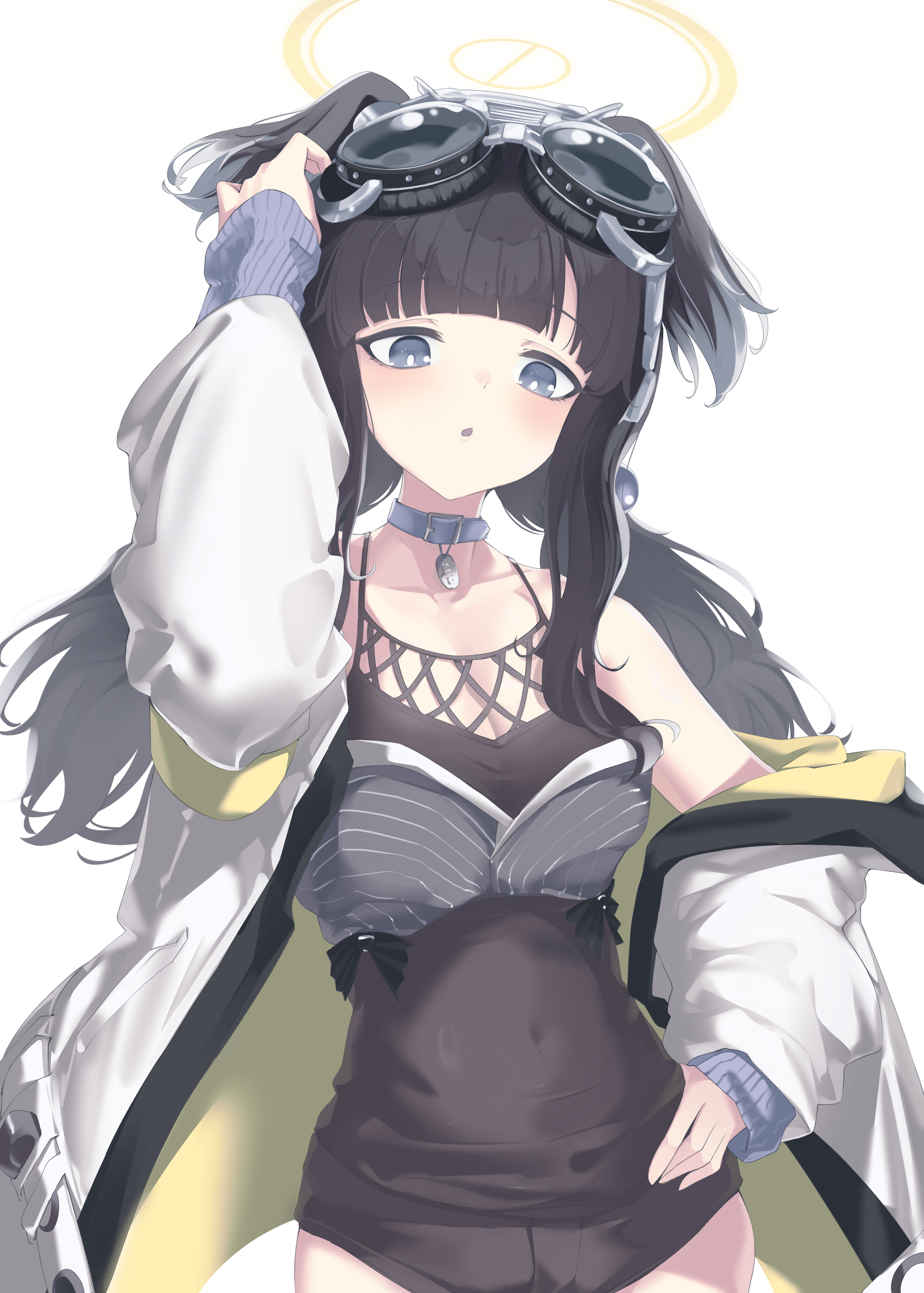 tamagore, hibiki (blue archive), blue archive, absurdres, commentary request, highres, animal ears, black hair, dog ears, dog girl, engineering department (blue archive), goggles, goggles on head, halo, long hair, yellow halo