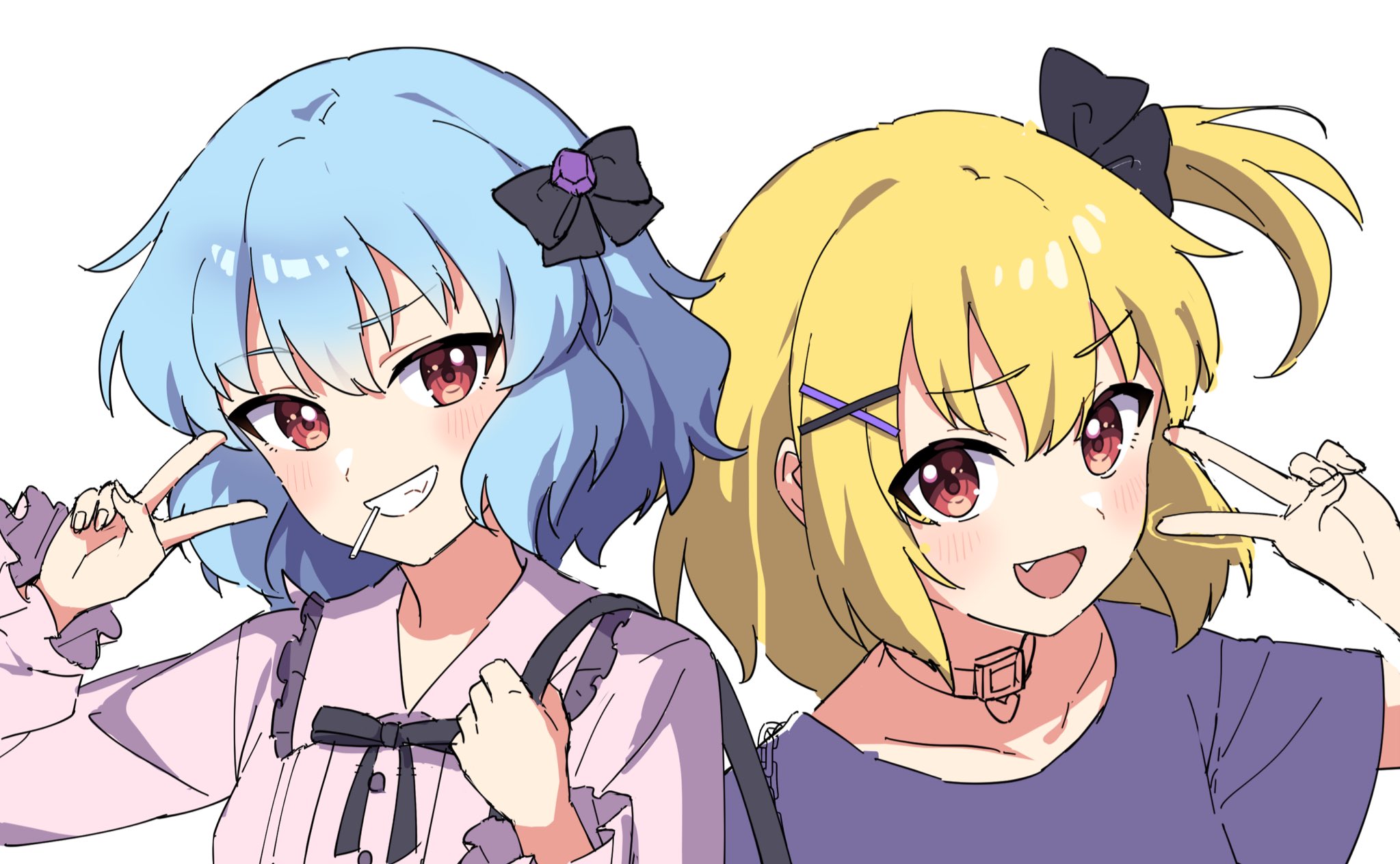 miz (mizillustration), flandre scarlet, remilia scarlet, touhou, commentary request, highres, unfinished, 2girls, :d, alternate costume, black bow, black ribbon, blue eyes, bow, collar, fang, frilled shirt collar, frills, grin, hair bow, hair ornament, long sleeves, looking at viewer, multiple girls, neck ribbon, one side up, open mouth, pink shirt, purple shirt, red eyes, ribbon, shirt, short hair, short sleeves, siblings, sisters, smile, upper body, v, white background, x hair ornament