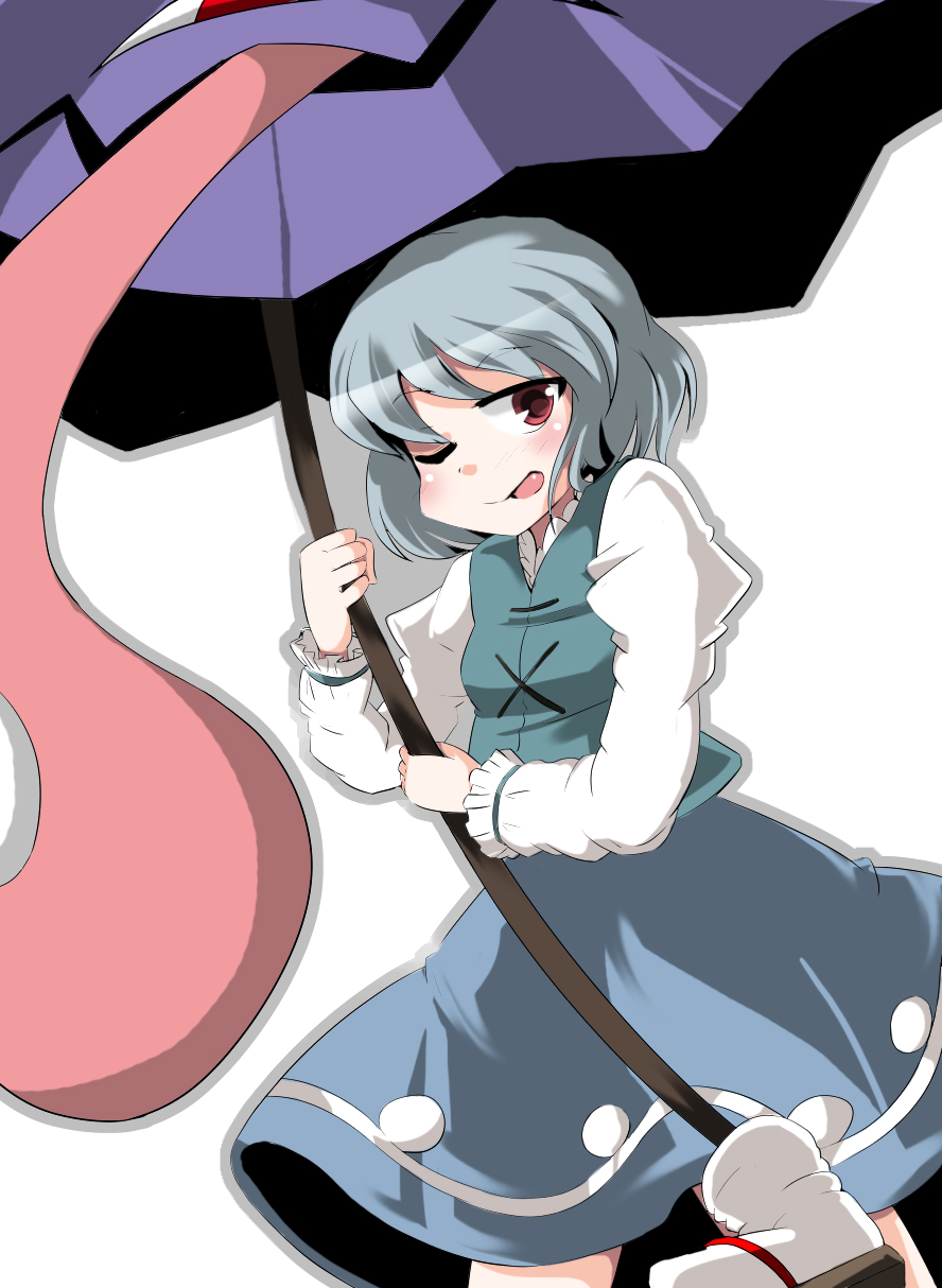 fa no hito, tatara kogasa, touhou, bad id, bad pixiv id, highres, 1girl, ;p, blue eyes, female focus, karakasa obake, one eye closed, red eyes, short hair, simple background, solo, tongue, tongue out, umbrella, white background, wink