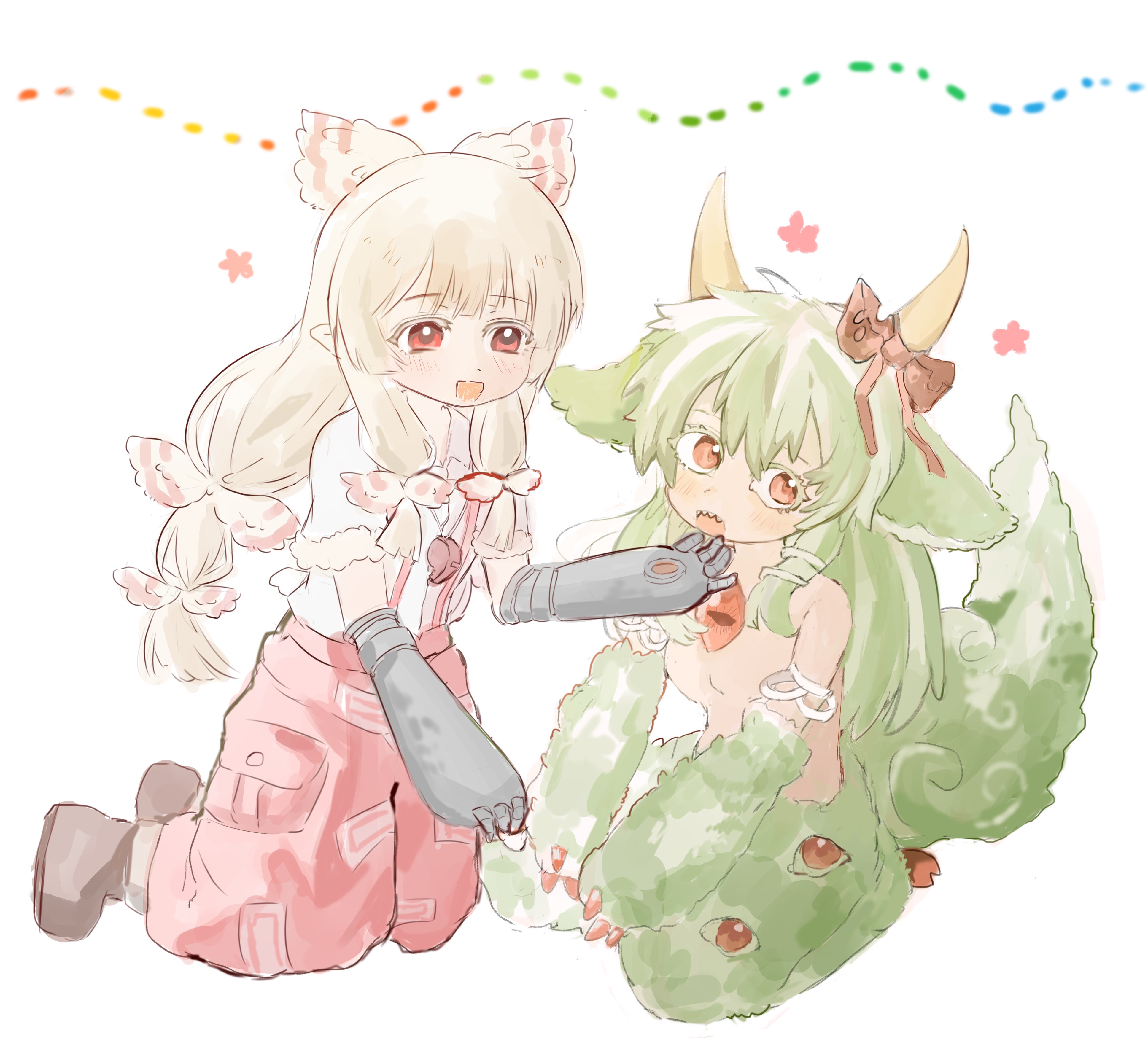 ex-keine, fujiwara no mokou, kamishirasawa keine, made in abyss, touhou, absurdres, chinese commentary, commentary request, highres, alternate universe, animal ears, arm ribbon, baggy pants, boots, bow, breasts, brown boots, claws, collared shirt, colored eyelashes, dot nose, extra eyes, fang, flower, fur-trimmed boots, fur-trimmed sleeves, fur trim, green tail, hair bow, hand on another's chin, horn bow, horn ornament, horns, kneeling, light blush, long hair, looking at another, looking to the side, mechanical arms, miaoliang01075, monsterification, multi-tied hair, multiple hair bows, ofuda, ofuda on clothes, open mouth, pants, pink flower, pocket, pointy ears, red bow, red eyes, red pants, ribbon, ribbon-trimmed bow, ribbon trim, sharp teeth, shirt, short sleeves, small breasts, smile, suspenders, tail, teeth, topless female, torn bow, upper teeth only, very long hair, white background, white bow, white hair, white shirt, yellow horns, yuri