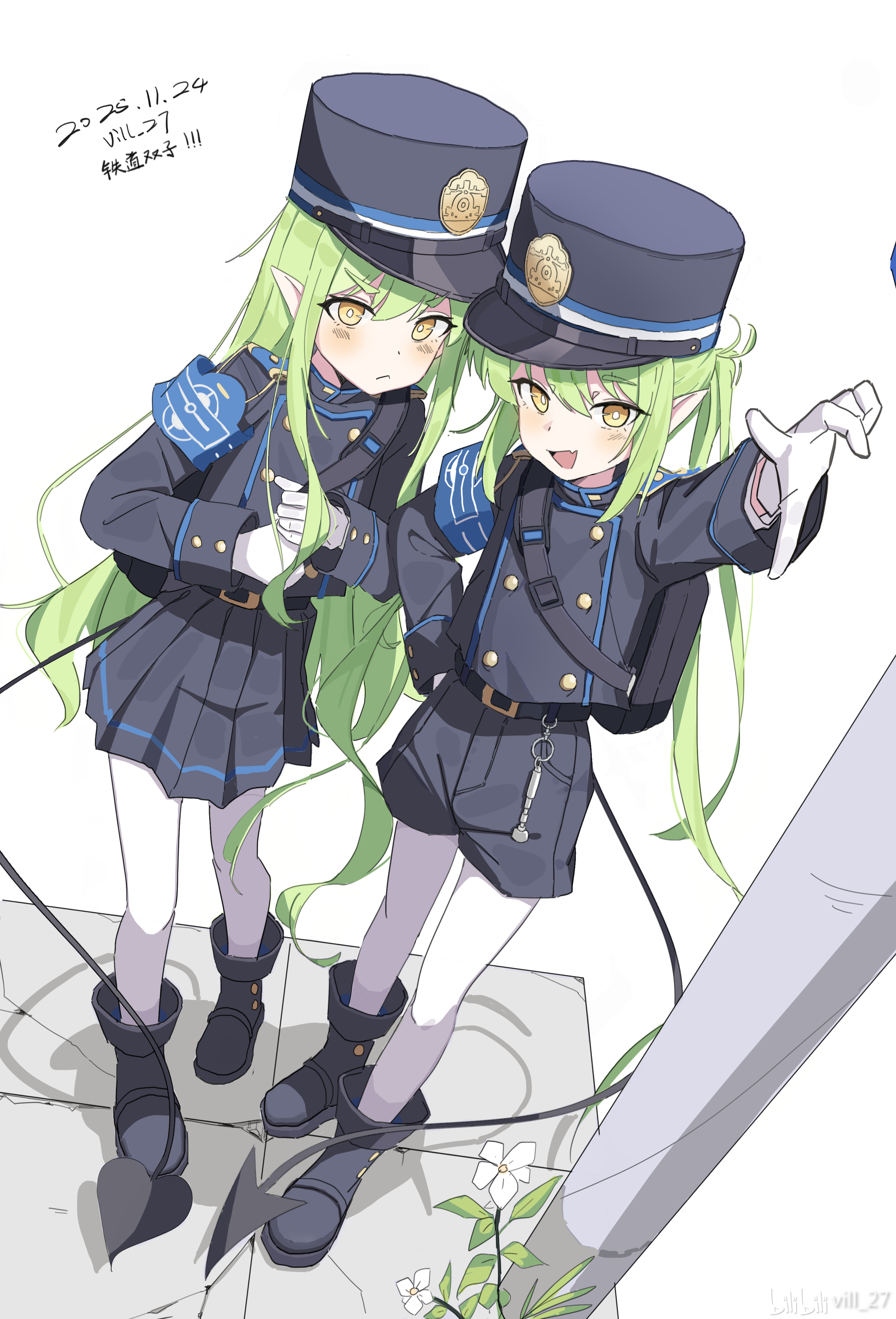 hikari (blue archive), nozomi (blue archive), blue archive, absurdres, chinese commentary, commentary request, highres, 2girls, :<, :d, arm up, armband, backpack, bag, belt, bilibili logo, bilibili username, black bag, black belt, black boots, black jacket, black shorts, black skirt, black tail, blue armband, blue hat, blush, boots, bright pupils, buttoned cuffs, buttons, chinese text, closed mouth, crack, cracked floor, dated, demon girl, demon tail, double-breasted, dutch angle, fang, flower, from above, full body, gloves, green hair, hand on own hip, hat, holding strap, jacket, long hair, long sidelocks, long sleeves, looking at viewer, multiple girls, no halo, open mouth, own hands together, pantyhose, peaked cap, pleated skirt, pointing, pointing at viewer, pointy ears, short eyebrows, shorts, siblings, sidelocks, signature, simple background, sisters, skin fang, skirt, smile, standing, tail, tile floor, tiles, twins, twintails, v-shaped eyebrows, very long hair, vill 27, watermark, white background, white flower, white gloves, white pantyhose, white pupils, yellow eyes