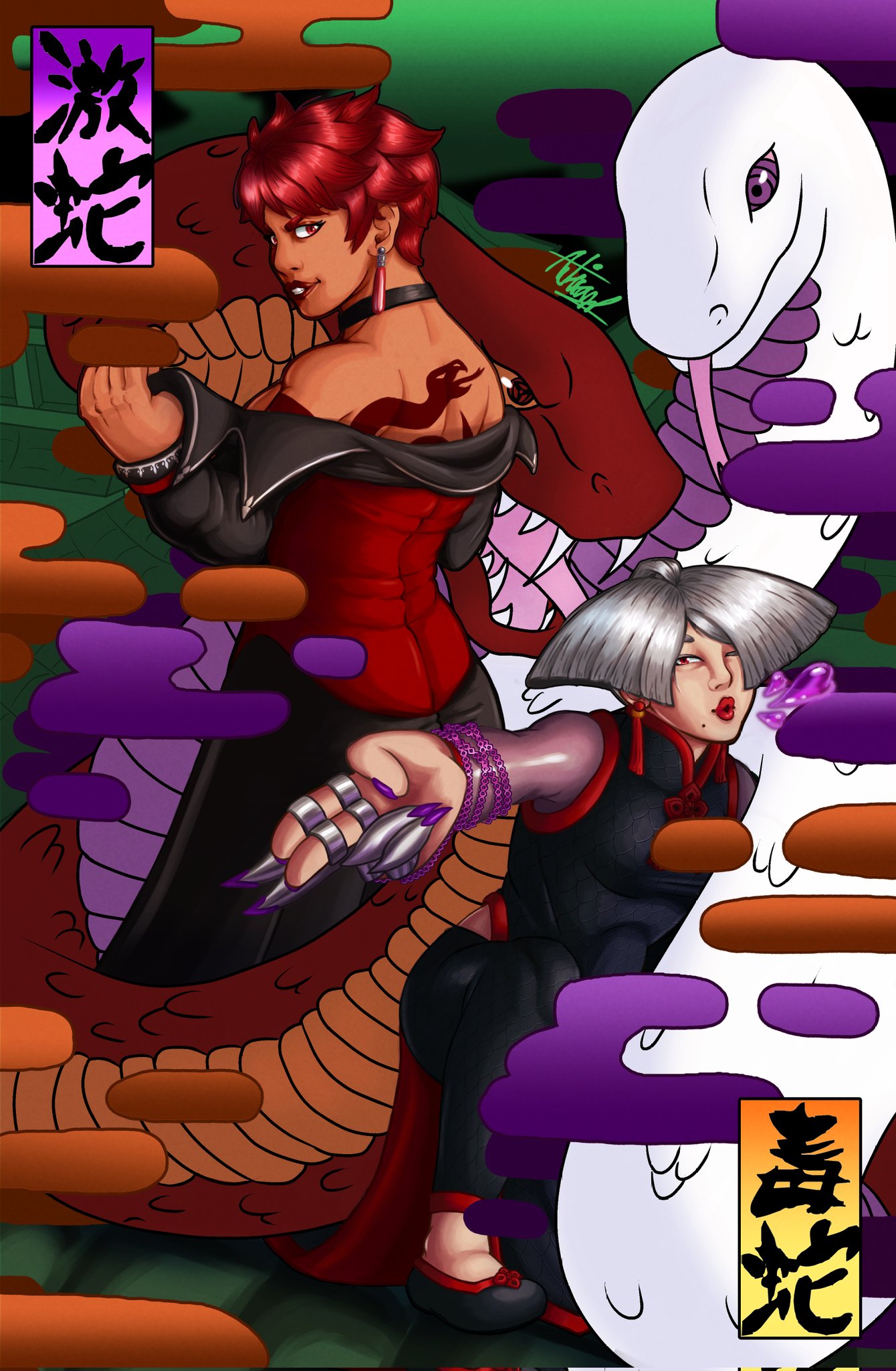 a.k.i. (street fighter), vice (kof), street fighter, the king of fighters, 2girls, breasts, dark-skinned female, dark skin, dress, female focus, formal clothes, from behind, kamenichiban, large breasts, looking at viewer, looking back, mangekyou sharingan, multiple girls, red eyes, red hair, rinnegan, sharingan, short hair, snake, standing, suit, tan