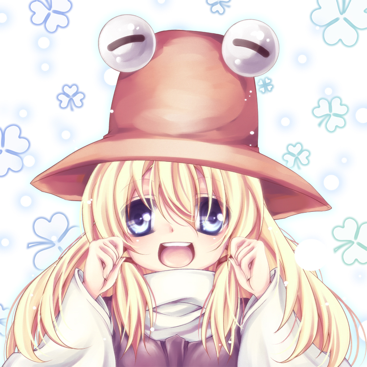 mikazuki sara, moriya suwako, touhou, bad id, bad pixiv id, 1girl, blonde hair, blue eyes, clover, female focus, hat, short hair, solo