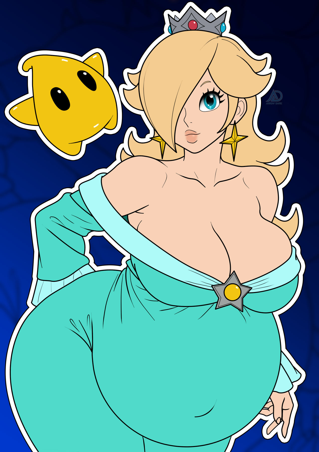 arrowdark, luma (mario), rosalina, mario (series), nintendo, commentary, english commentary, highres, 1girl, artist logo, artist name, belly, big belly, breasts, brooch, closed mouth, collarbone, crown, dress, ear piercing, earrings, eyelashes, hair over one eye, jewelry, logo, looking at viewer, navel, nose, outie navel, piercing, pregnant, silver crown, star (symbol), star brooch, star earrings