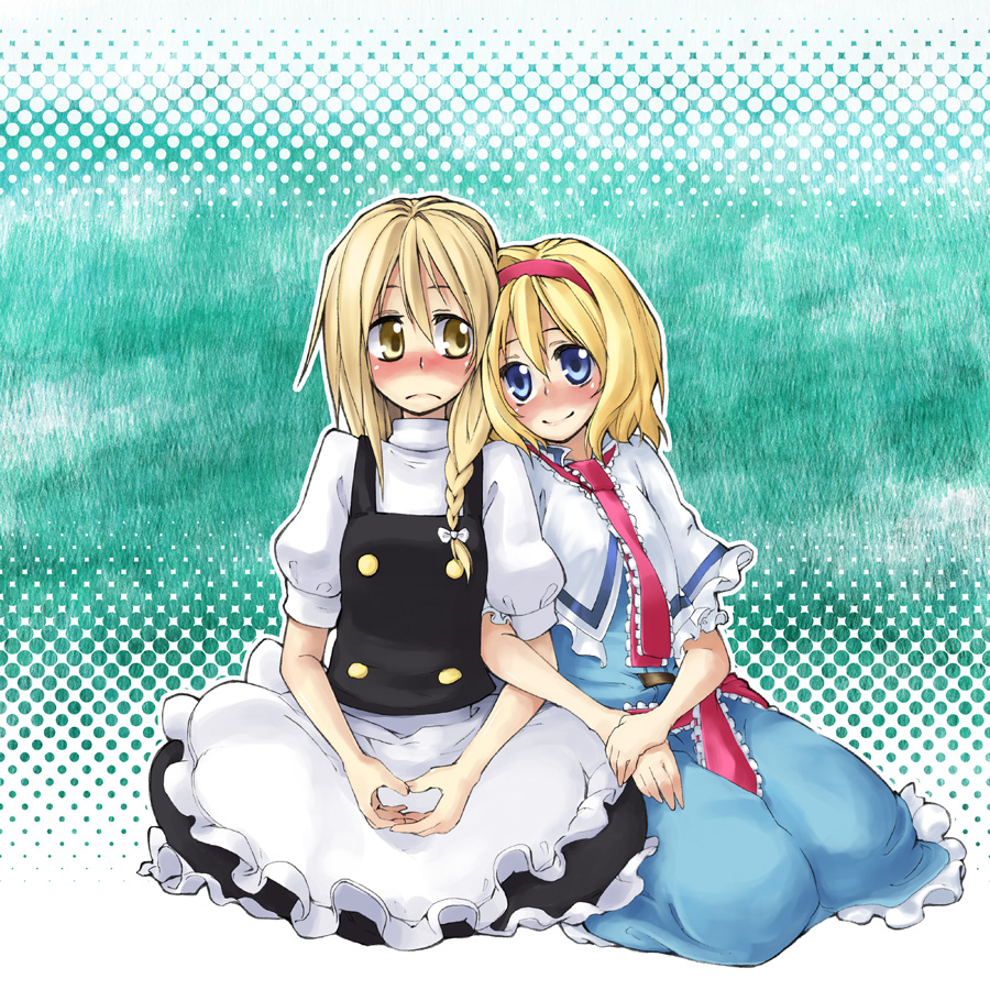 hakui ami, alice margatroid, kirisame marisa, touhou, 2girls, blonde hair, blue eyes, blush, braid, female focus, hairband, multiple girls, short hair, sitting, yellow eyes, yuri