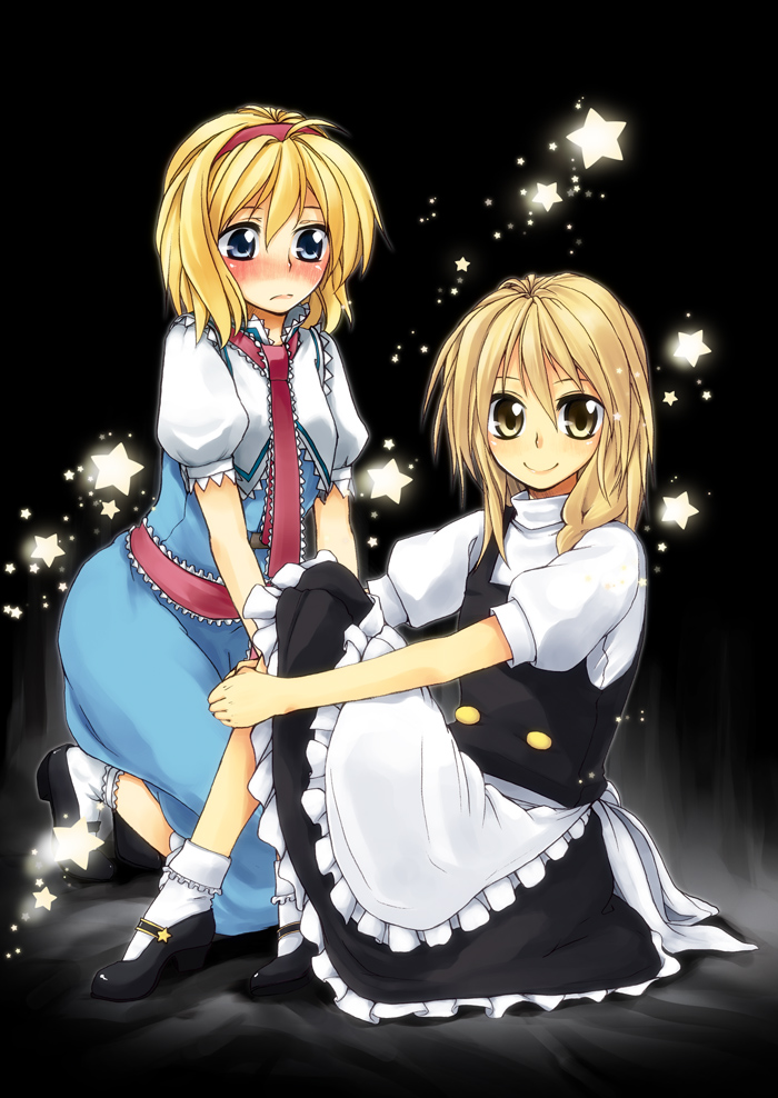 hakui ami, alice margatroid, kirisame marisa, touhou, 2girls, blonde hair, blue eyes, book, braid, female focus, hairband, mary janes, multiple girls, shoes, short hair, yellow eyes