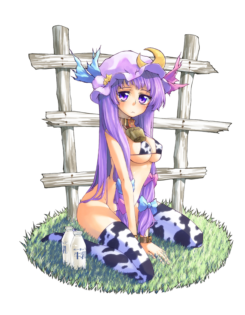 hakui ami, patchouli knowledge, touhou, 1girl, :<, animal print, bell, bikini, bottle, bottomless, breasts, collar, cow print, crescent, female focus, hair ribbon, hat, kneeling, large breasts, long hair, micro bikini, milk, milk bottle, neck bell, no panties, purple eyes, purple hair, ribbon, solo, swimsuit, thighhighs, underboob