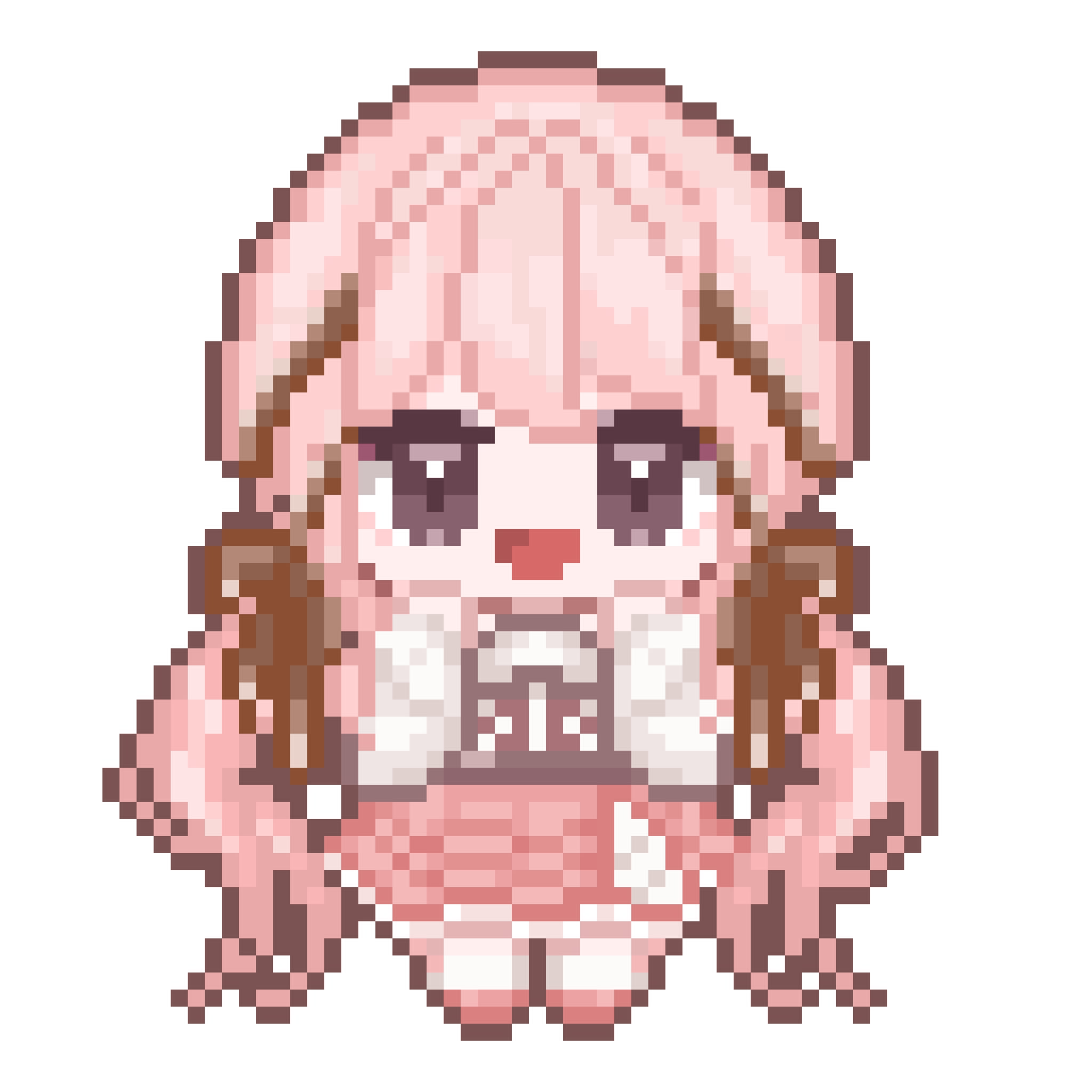 1210 neno, nikki (nikki), perfect start (infinity nikki), infinity nikki, nikki (series), commentary request, highres, 1girl, absurdly long hair, bare shoulders, belt, black belt, bow, brown bow, brown eyes, brown ribbon, center frills, chibi, frilled shirt, frilled skirt, frills, hair bow, hair ribbon, hands on own cheeks, hands on own face, happy, kneehighs, layered skirt, long hair, looking at viewer, low twintails, medium skirt, off-shoulder shirt, off shoulder, open mouth, pink hair, pink shoes, pink skirt, pixel art, pleated skirt, ribbon, shirt, shoes, simple background, skirt, smile, socks, solo, standing, tress ribbon, twintails, very long hair, wavy hair, white background, white shirt, white skirt, white socks