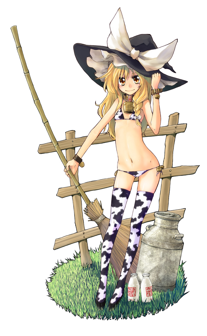 hakui ami, kirisame marisa, touhou, 1girl, alternate costume, animal print, bell, bikini, blonde hair, bottle, braid, broom, brown eyes, brown hair, collar, cow print, cowbell, female focus, flat chest, full body, hat, legs, long hair, lowleg, lowleg bikini, milk, milk bottle, nature, neck bell, plant, side-tie bikini bottom, side braid, smile, solo, swimsuit, thighhighs, white background, witch, witch hat