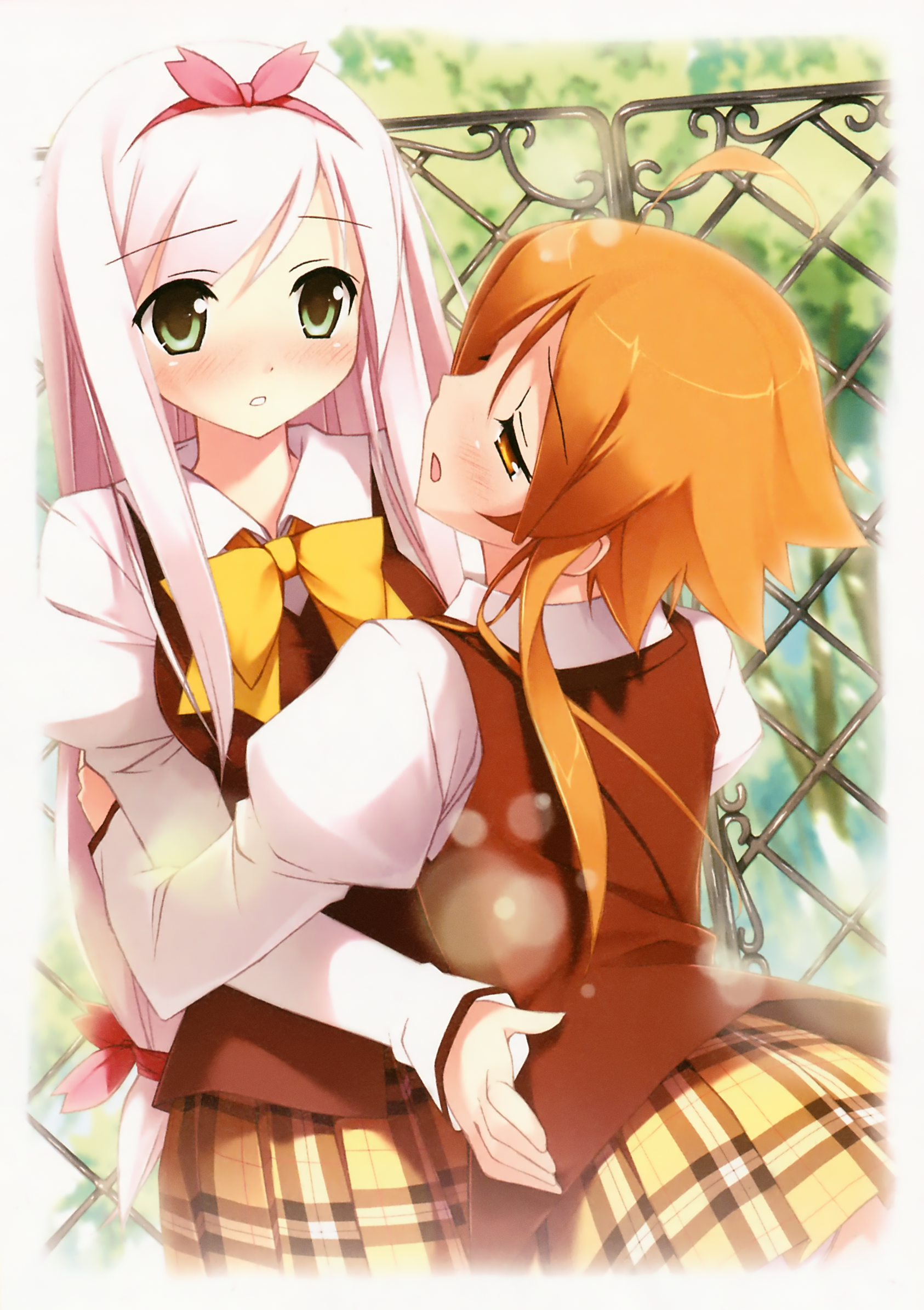 kantoku, himemiya ruri, kogamura uril, kugiri cornelia, garden (game), shinkyoku soukai polyphonica, shinkyoku soukai polyphonica aphonic songbird, highres, official art, 00s, 2girls, blush, green eyes, multiple girls, orange eyes, orange hair, panties, pink hair, school uniform, underwear, yuri