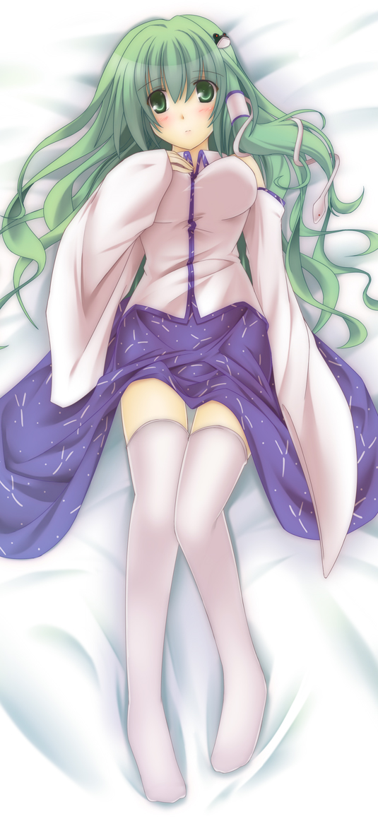 sakurame, kochiya sanae, touhou, 1girl, breasts, detached sleeves, female focus, frog, full body, green eyes, green hair, hair ornament, long hair, lying, matching hair/eyes, snake, solo, thighhighs, white thighhighs