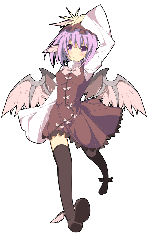 sakurame, mystia lorelei, touhou, 1girl, animal ears, female focus, fingernails, hat, long fingernails, nail (hardware), pink hair, purple eyes, purple hair, short hair, simple background, smirk, solo, thighhighs, wings