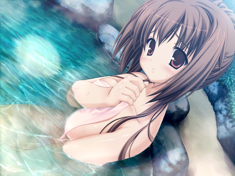 kobuichi, nakanoshima tae, bra-ban!, game cg, 1girl, breasts, brown eyes, brown hair, covering privates, dutch angle, female focus, large breasts, long hair, nude, onsen, red eyes, sitting, solo, towel, water