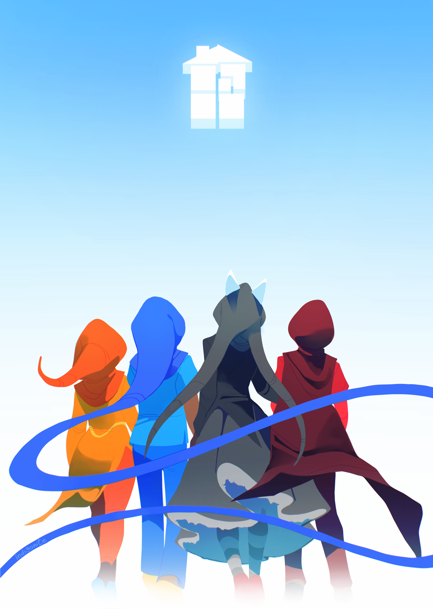 indigonite, dave strider, jade harley, john egbert, rose lalonde, homestuck, commentary, english commentary, highres, 1boy, 3girls, animal ears, black dress, blue background, blue hood, blue pants, blue shirt, blue shoes, blue sky, cape, copyright logo, dog ears, dress, from behind, god tier (homestuck), gradient background, grey shoes, grey socks, hood, june egbert, logo, looking up, multiple girls, orange hood, orange leggings, orange tunic, pants, red cape, red hood, red pants, red shirt, red shoes, shirt, shoes, sky, socks, standing, striped clothes, striped socks, tunic, yellow shoes