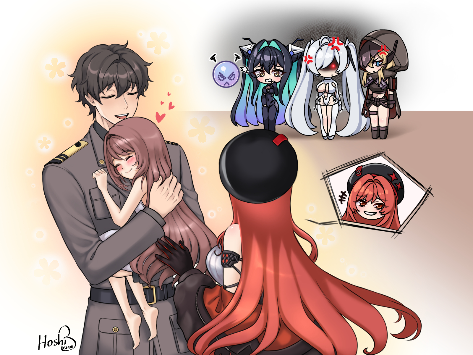 hoshiberuu, cinderella (nikke), commander (nikke), grave (nikke), little mermaid (nikke), only one (nikke), rapi (nikke), rapi (red hood) (nikke), goddess of victory: nikke, white gown, commentary, english commentary, highres, 1boy, 5girls, anger vein, aqua hair, armpit cutout, aura, bare shoulders, black bodysuit, black choker, black hair, blonde hair, blue eyes, blush, bodysuit, breasts, broken mask, brown hair, bubble, choker, cleavage, cloak, closed mouth, clothing cutout, colored inner hair, cutout below navel, dark aura, folded hair, gloves, glowing, glowing eye, hair between eyes, hair intakes, hair over one eye, halterneck, hood, hooded cloak, hospital gown, jacket, large breasts, leg cutout, long hair, mask, military jacket, military uniform, multicolored hair, multiple girls, off shoulder, official alternate design, official alternate hair color, old tales (nikke), one eye covered, open mouth, red eyes, red hair, see-through bodysuit, see-through cleavage, see-through clothes, sidelocks, smile, smirk, smug, surprised, twintails, very long hair, white bodysuit, white hair, yellow eyes