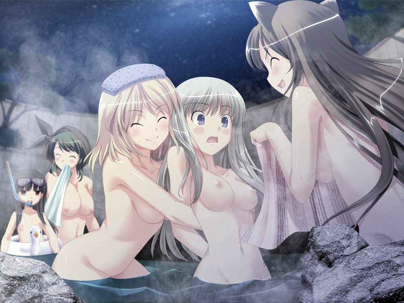 yaegashi nan, kayaba reina, kayama risa (natsuiro sagittarius), kazuki saya, sawaguchi aika, shinohara airi, natsuiro sagittarius, game cg, 5girls, animal ears, black hair, blonde hair, blue eyes, blush, breasts, brown hair, closed eyes, diving mask, diving mask on head, flat chest, goggles, goggles on head, green hair, innertube, long hair, mouth hold, multiple girls, nipples, nude, onsen, restrained, snorkel, swim ring, towel, towel on head