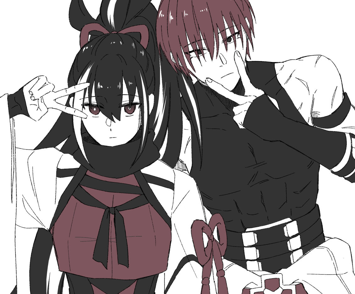 namaniku (nikubakkakuuna), harada sanosuke (fate), kawakami gensai (fate), kawakami gensai (first ascension) (fate), fate/grand order, fate (series), commentary request, 1boy, 1girl, abs, bare shoulders, black eyes, black hair, expressionless, japanese clothes, limited palette, long hair, long sleeves, looking at viewer, multiple scars, ponytail, red hair, scar, short hair, v