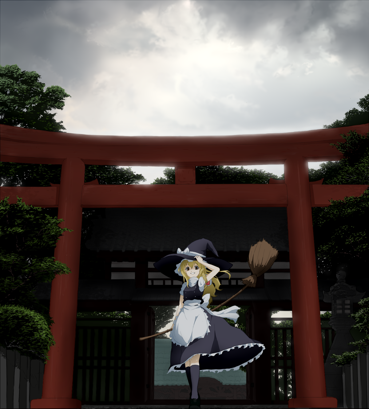 #117, kirisame marisa, touhou, bad id, bad pixiv id, highres, 1girl, blonde hair, braid, broom, day, female focus, full body, hair between eyes, hat, kneehighs, long hair, outdoors, shrine, single braid, sky, socks, solo, torii, witch, witch hat, yellow eyes