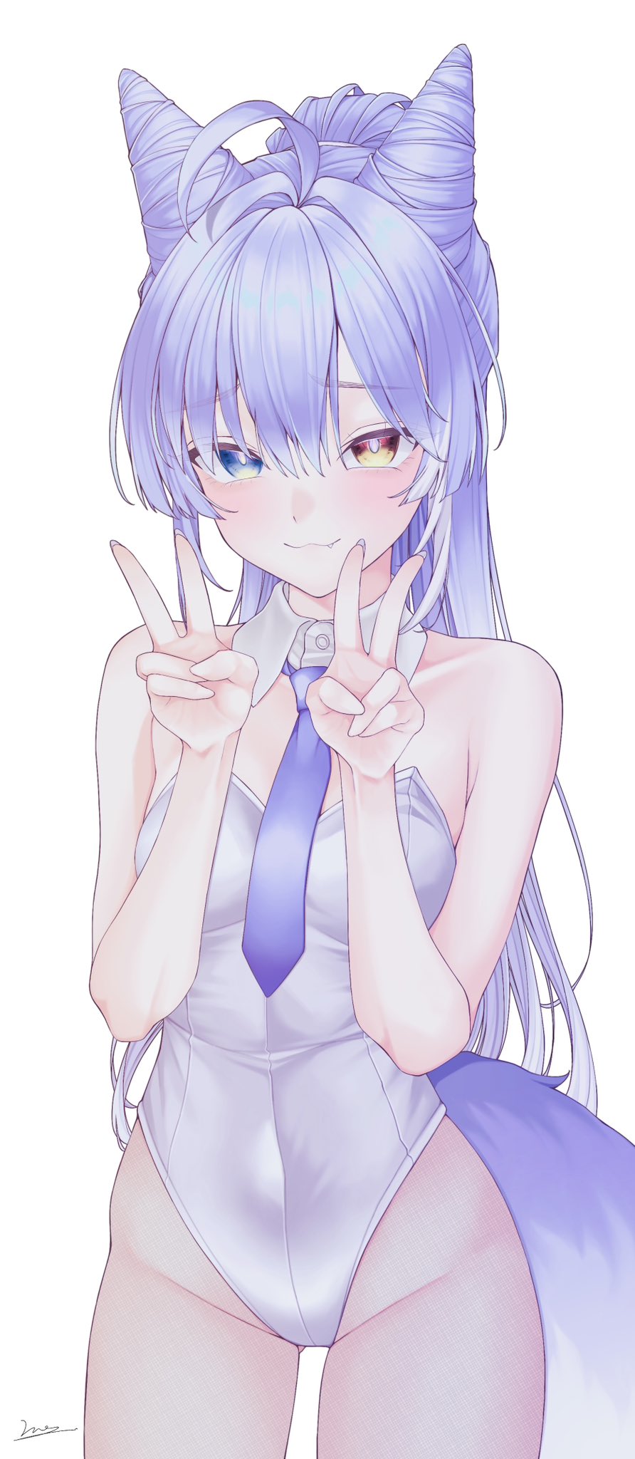 vini (frisco), tenko shibuki, stellive, commentary request, highres, korean commentary, 1girl, ahoge, blue eyes, bright pupils, closed mouth, collar, cone hair bun, cowboy shot, detached collar, double bun, double v, fox girl, fox tail, hair bun, hair intakes, hands up, heterochromia, hiphighs, leotard, long hair, looking at viewer, necktie, parted bangs, purple hair, purple necktie, raised inner eyebrows, signature, simple background, smile, solo, standing, straight hair, strapless, strapless leotard, tail, v, virtual youtuber, white background, white collar, white hiphighs, white leotard, wing collar, yellow eyes