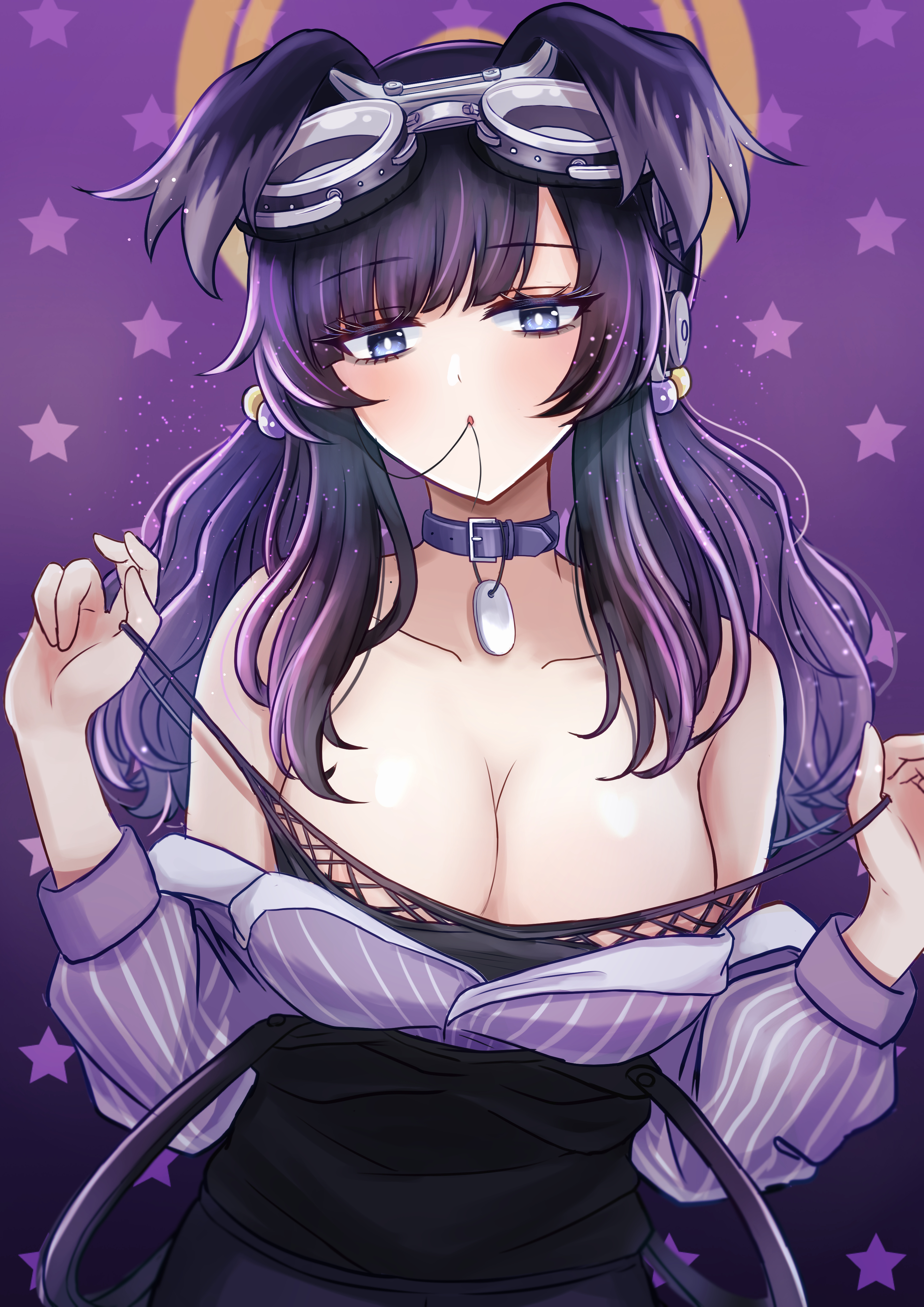 latte (a nextsystem), hibiki (blue archive), blue archive, absurdres, commentary request, highres, 1girl, animal ears, black hair, breasts, cleavage, dog ears, dog girl, engineering department (blue archive), goggles, goggles on head, halo, large breasts, long hair, looking at viewer, solo, yellow halo