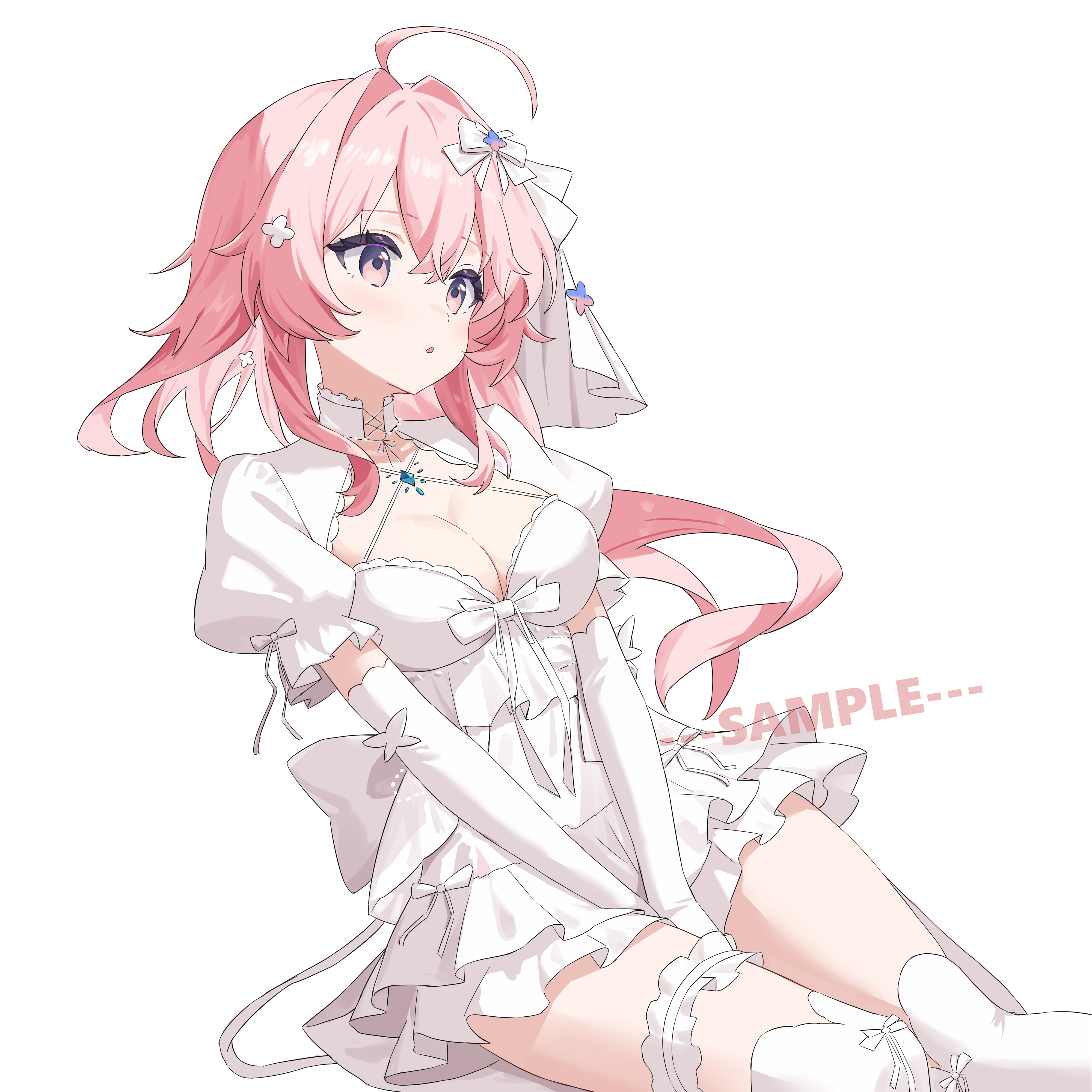 youtanhuayuan255, original, absurdres, chinese commentary, commentary request, highres, 1girl, :o, ahoge, breasts, cleavage, dress, elbow gloves, feet out of frame, frilled thigh strap, gloves, hair between eyes, hair ribbon, large breasts, long hair, looking to the side, pink eyes, pink hair, puffy sleeves, ribbon, sample watermark, short dress, short sleeves, simple background, solo, thigh strap, thighhighs, thighs, watermark, white background, white dress, white gloves, white ribbon, white thighhighs