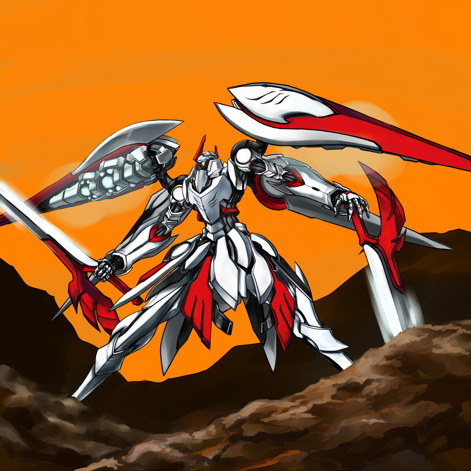 shoka, original, bad id, bad pixiv id, highres, dual wielding, holding, mecha, robot, sword, weapon