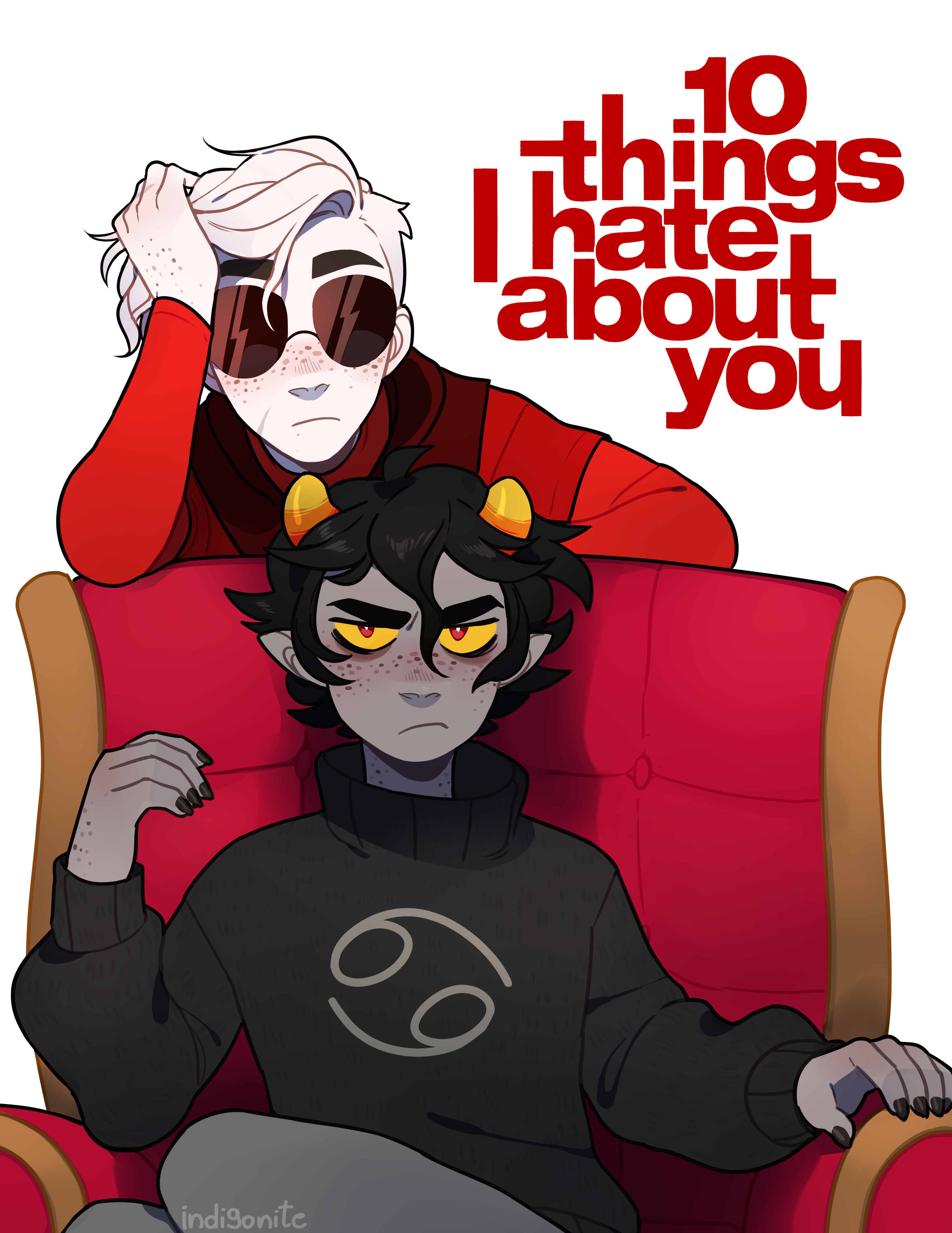 indigonite, dave strider, karkat vantas, homestuck, absurdres, commentary, english commentary, highres, 1boy, 2boys, black hair, black nails, black shirt, black sweater, cancer (symbol), cape, chair, closed mouth, colored sclera, colored skin, demon horns, english text, freckles, frown, glaring, god tier (homestuck), grey pants, grey skin, hand on own face, horns, implied yaoi, leaning on object, long sleeves, looking at viewer, male focus, multiple boys, pants, poster parody, red cape, red eyes, red shirt, red tunic, scar, scar on face, shirt, short hair, simple background, sitting, sunglasses, sweater, troll (homestuck), tunic, upper body, white background, white hair, yellow sclera
