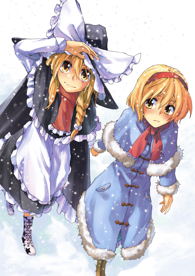 hakui ami, alice margatroid, kirisame marisa, touhou, md5 mismatch, resolution mismatch, source smaller, 2girls, blonde hair, boots, braid, cape, capelet, coat, female focus, hairband, hat, holding hands, multiple girls, short hair, witch, witch hat, yellow eyes