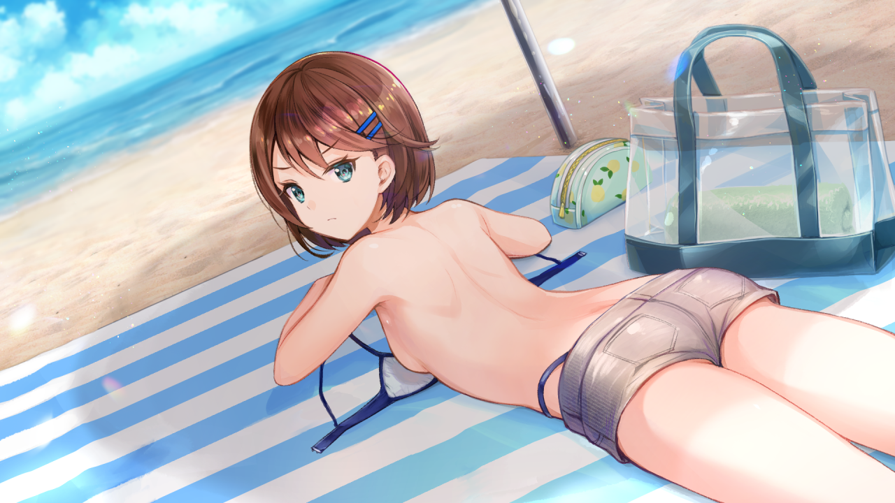 yumeutsutsu re:master, game cg, non-web source, official art, 1girl, beach, bikini, bikini bottom under shorts, bikini under clothes, blue bikini, blue eyes, breasts, brown hair, closed mouth, dutch angle, frown, grey shorts, hair ornament, hairclip, looking at viewer, lying, median furrow, on stomach, open clothes, outdoors, parallel hairclips, short hair, shorts, small breasts, solo, swimsuit, towel, transparent bag, untied bikini, yanagiya kokoro