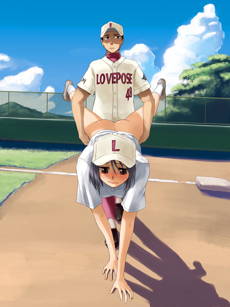 hakui ami, original, 1boy, 1girl, 48 hands, baseball, baseball cap, black eyes, black hair, blush, bottomless, embarrassed, exhibitionism, hat, public indecency, shameless, short hair, spread legs