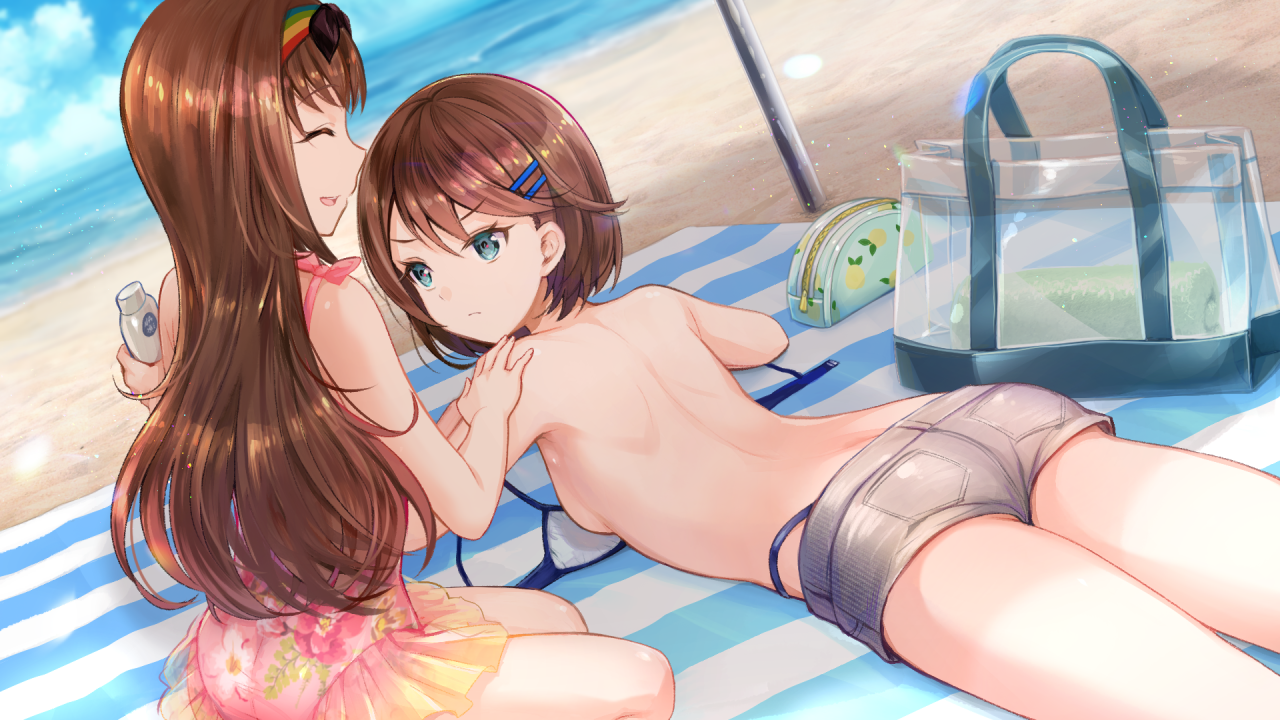otori ai, yumeutsutsu re:master, game cg, non-web source, official art, 2girls, applying sunscreen, beach, bikini, bikini bottom under shorts, bikini under clothes, blue bikini, blue eyes, bottle, breasts, brown hair, closed mouth, dutch angle, floral print one-piece swimsuit, frilled one-piece swimsuit, frills, frown, grey shorts, hair ornament, hairclip, holding, holding bottle, holding sunscreen, long hair, looking at another, lying, median furrow, multiple girls, on stomach, one-piece swimsuit, open clothes, outdoors, parallel hairclips, pink one-piece swimsuit, short hair, shorts, siblings, sisters, small breasts, swimsuit, towel, transparent bag, untied bikini, yanagiya kokoro