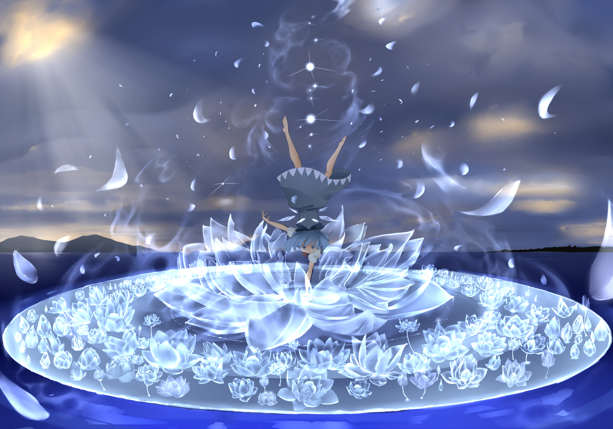 nyanmaru, cirno, embodiment of scarlet devil, touhou, barefoot, blue eyes, blue hair, dress, flower, frozen, handstand, ice, lake, oversized flower, short hair, solo, upside-down