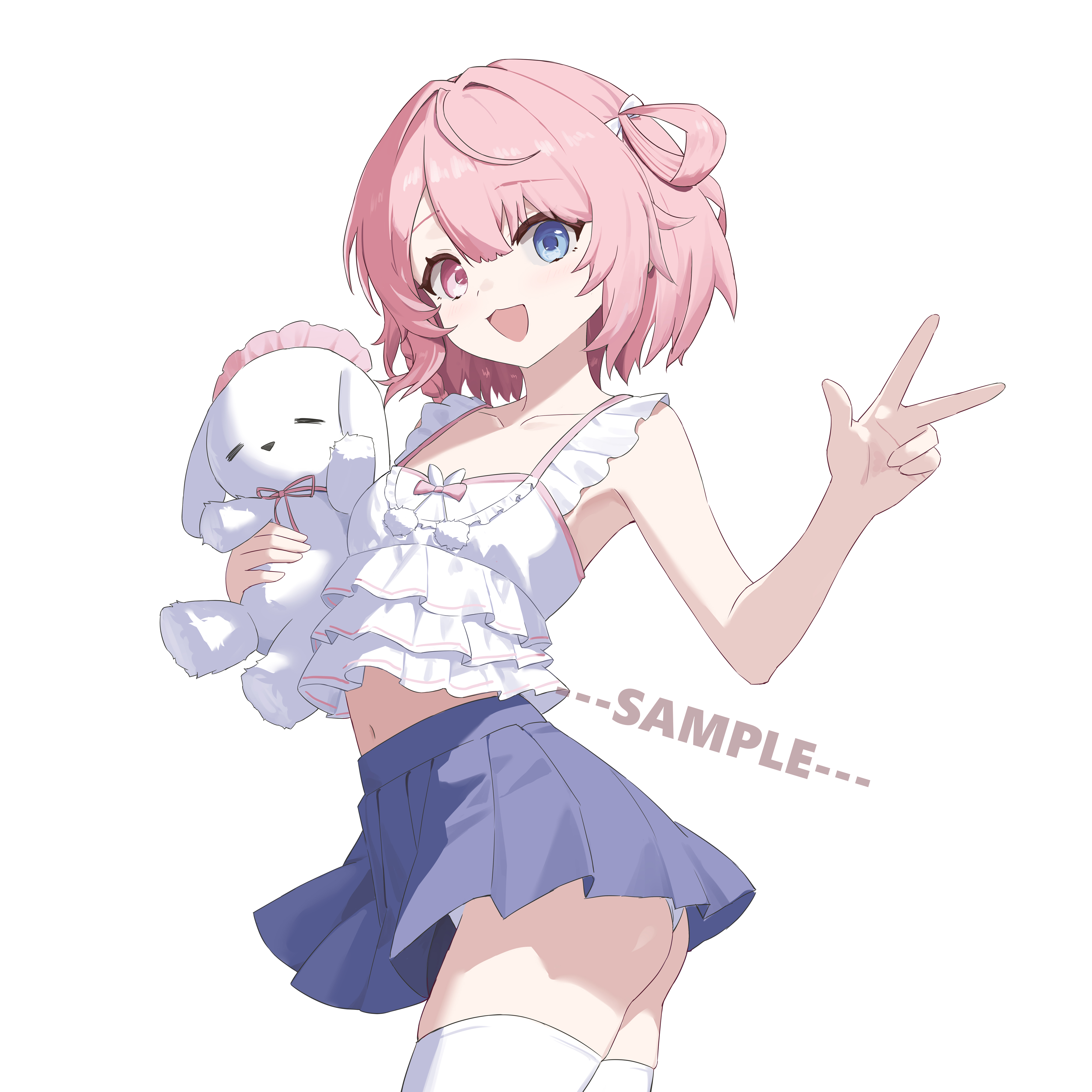 youtanhuayuan255, original, absurdres, chinese commentary, commentary request, highres, 1girl, :d, bare arms, blue eyes, blue skirt, camisole, collarbone, cowboy shot, frilled camisole, frills, hair between eyes, heterochromia, holding, holding stuffed toy, looking at viewer, medium hair, miniskirt, navel, open mouth, panties, pink eyes, pink hair, sample watermark, simple background, skirt, sleeveless, smile, solo, stuffed animal, stuffed toy, thighhighs, thighs, underwear, v, watermark, white background, white camisole, white panties, white thighhighs, zettai ryouiki