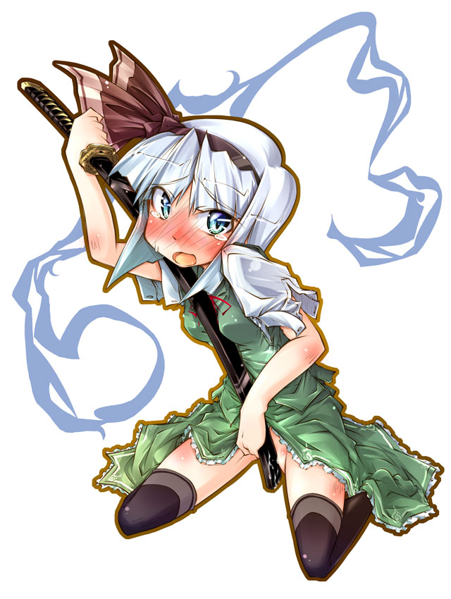narumiya (narumiya), konpaku youmu, konpaku youmu (ghost), touhou, silver hair, 1girl, between breasts, blue eyes, blush, breasts, female focus, female masturbation, hair ribbon, hitodama, katana, kneeling, masturbation, no panties, ribbon, sheath, sheathed, short hair, solo, sword, tears, thighhighs, weapon