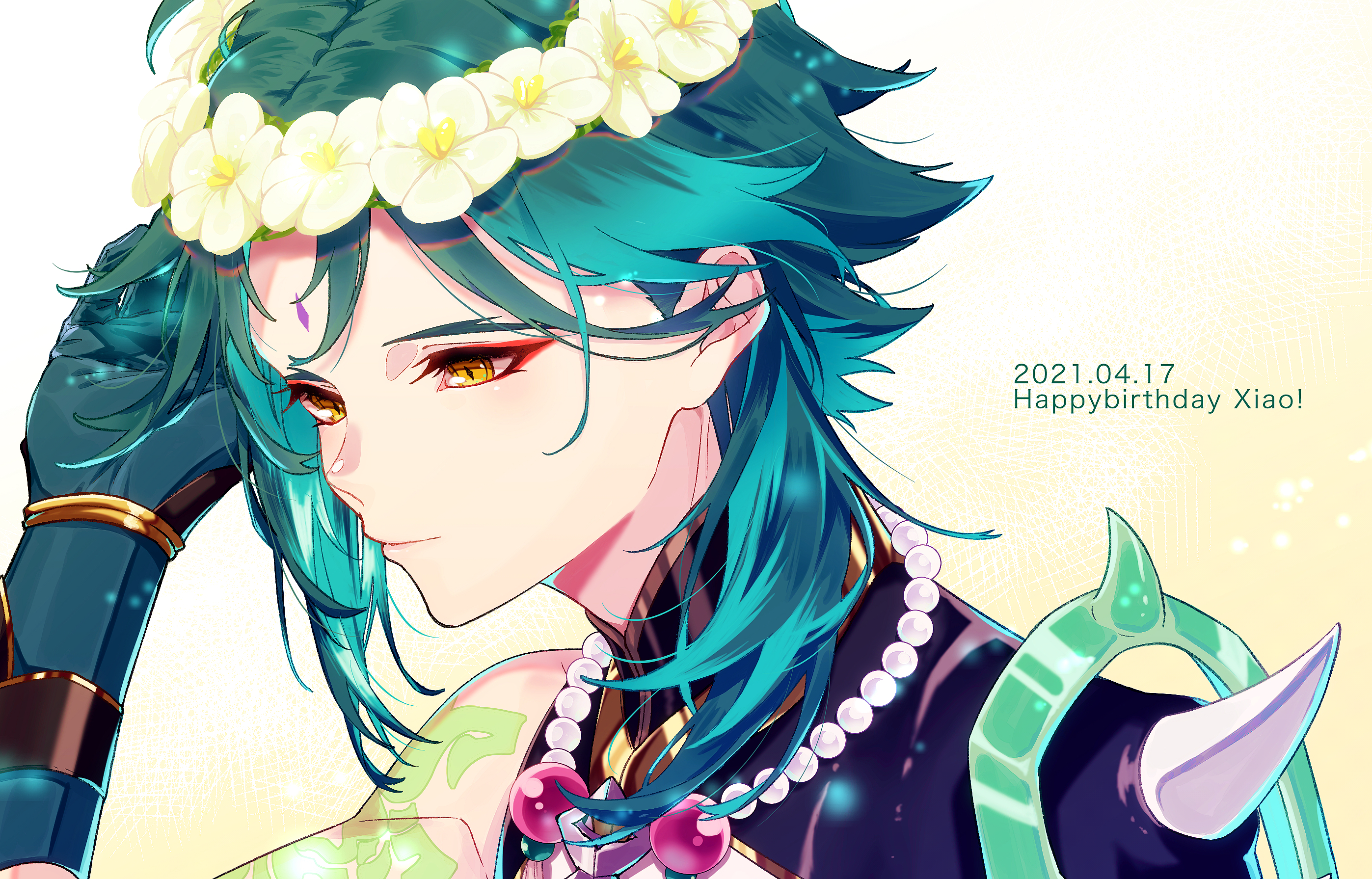 fuka (hk nemo), xiao (genshin impact), genshin impact, commentary request, highres, 1boy, bead necklace, beads, closed mouth, dated, eyeliner, facial mark, flower, forehead mark, gloves, green hair, happy birthday, head wreath, jewelry, long hair, makeup, male focus, necklace, red eyeliner, short hair, shoulder spikes, solo, spikes, white flower, yellow eyes