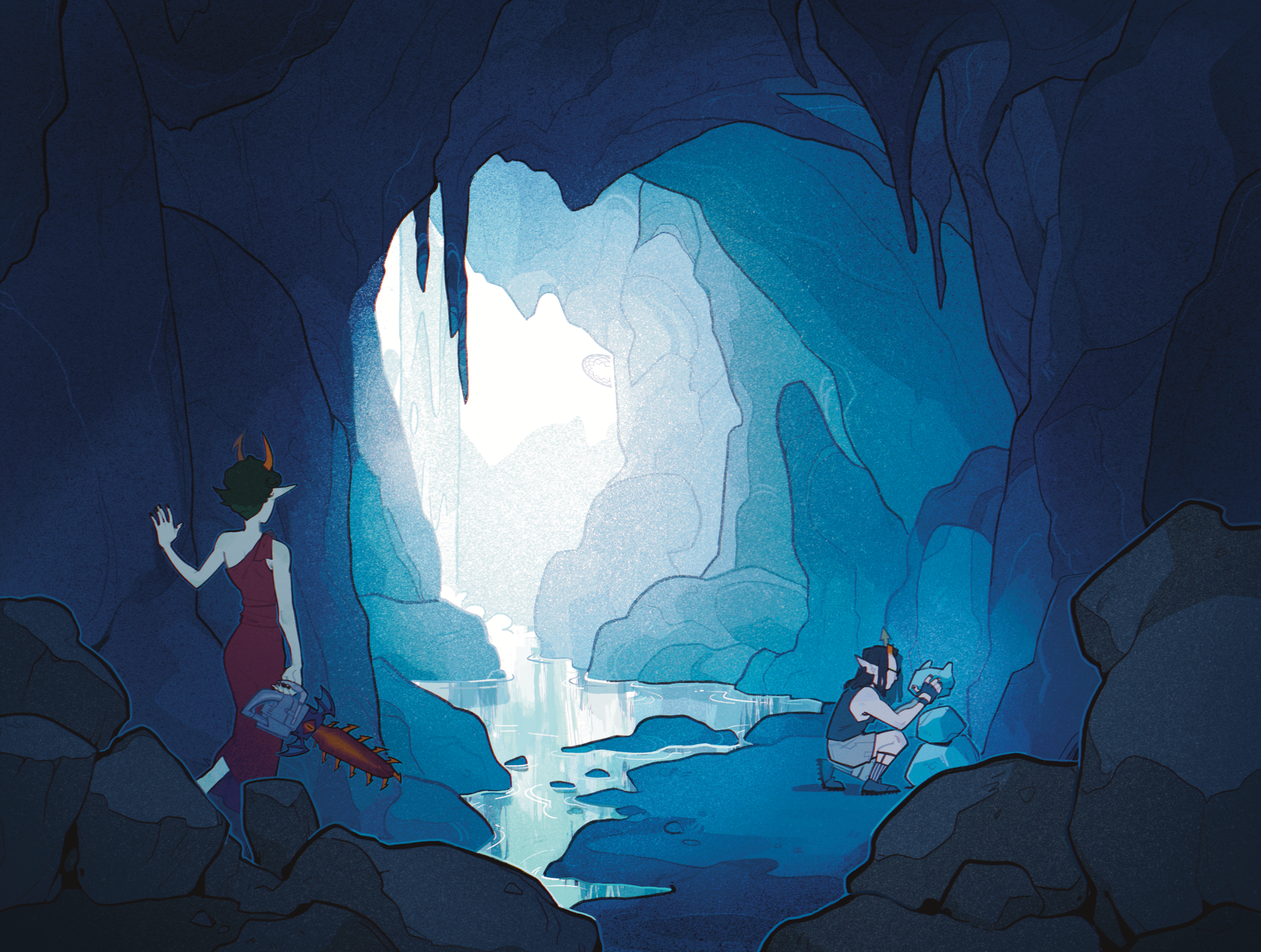 indigonite, equius zahhak, kanaya maryam, homestuck, commentary, english commentary, highres, 1boy, 1girl, black hair, blue background, blue theme, broken horn, cave, chainsaw, colored skin, dress, from behind, garter straps, glasses, grey skin, holding, holding chainsaw, horns, long hair, off-shoulder dress, off shoulder, orange horns, player land (homestuck), pointy ears, red dress, river, rock, short hair, single off shoulder, sleeveless, sleeveless dress, squatting, stacking, stalactite, standing, troll (homestuck), underground, water, waterfall