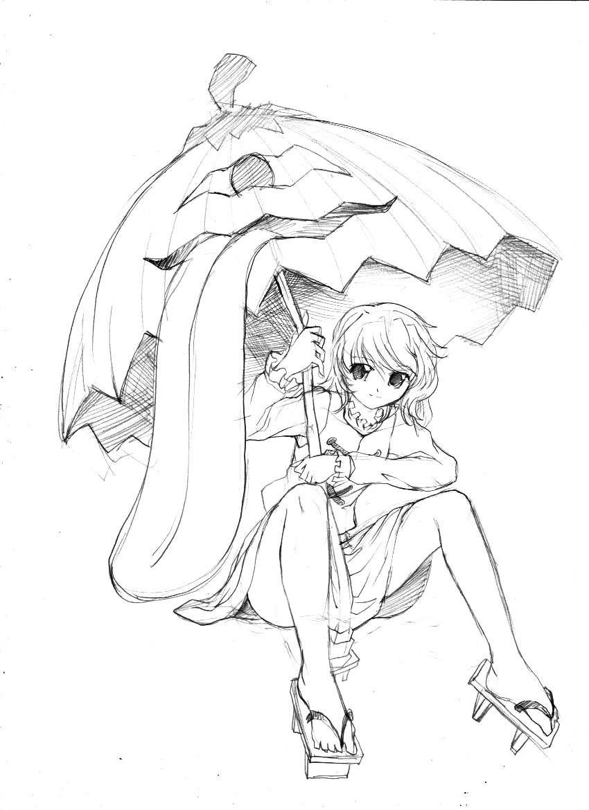 shoka, tatara kogasa, touhou, graphite (medium), traditional media, 1girl, female focus, geta, greyscale, karakasa obake, monochrome, sitting, sketch, skirt, solo, tongue, umbrella, white background