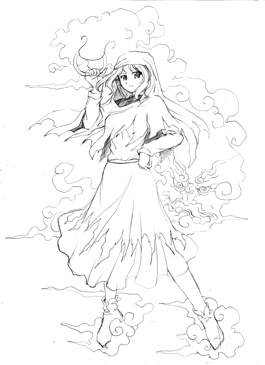 shoka, kumoi ichirin, unzan, touhou, graphite (medium), traditional media, cloud, greyscale, hood, hoop, monochrome, solo